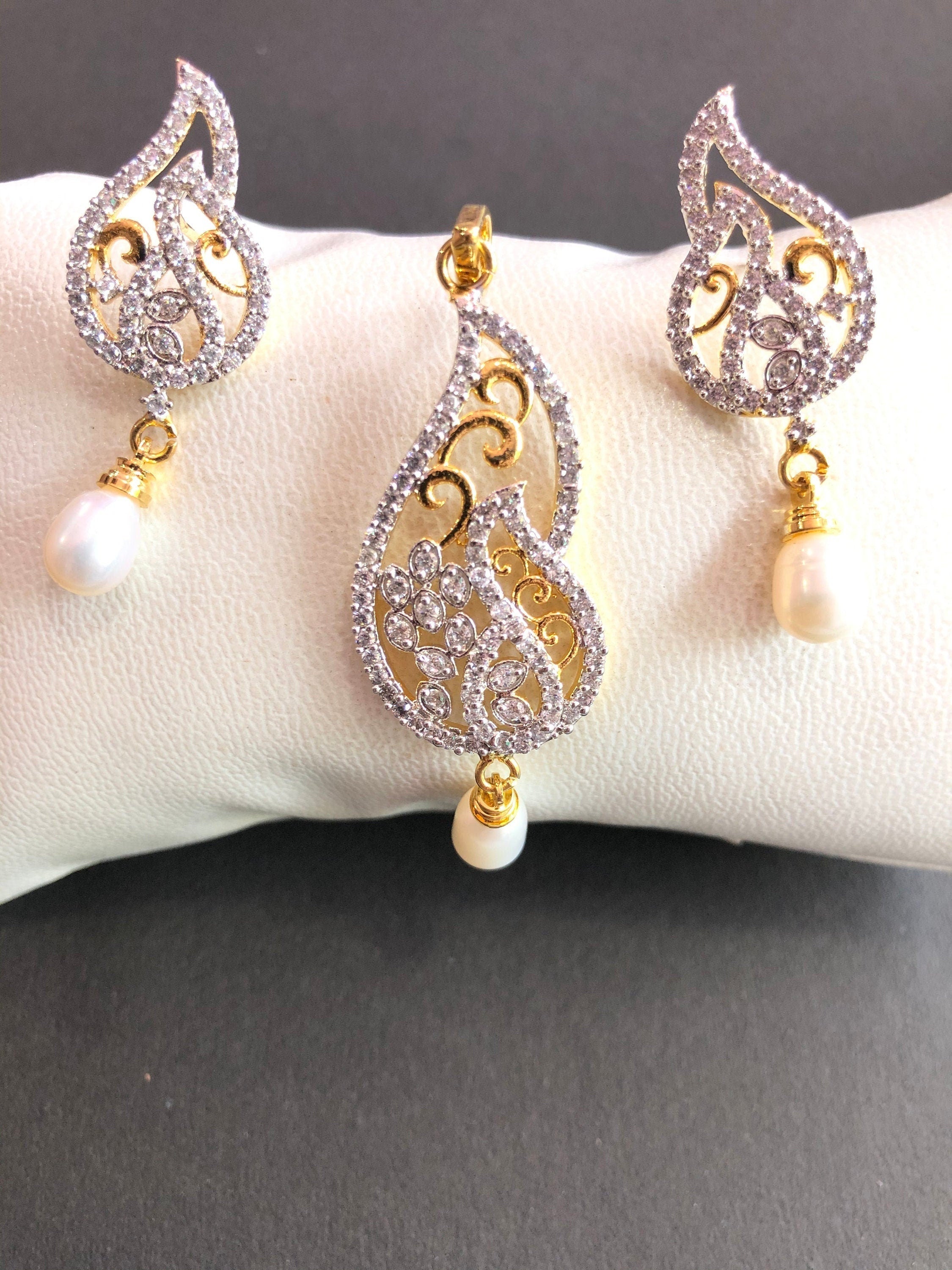Designer Pendant Set With Earrings/ Pearl Pendant /American Diamond Jewelry/Cubic Zircon Jewelry/Indian Jewelry/ Pendant