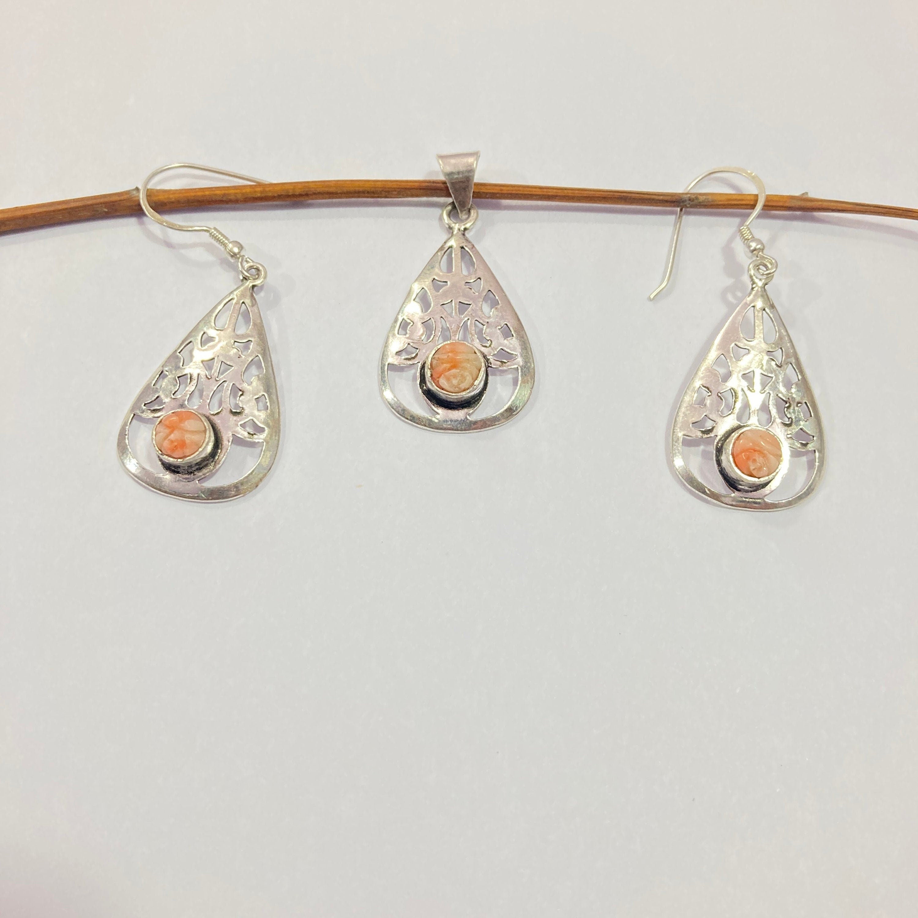 Natural Taiwan Coral 925 Sterling Silver Pendant With Earrings-Designer Smooth Gemstone Pendant -Handcrafted Jewelry- Gift For Her