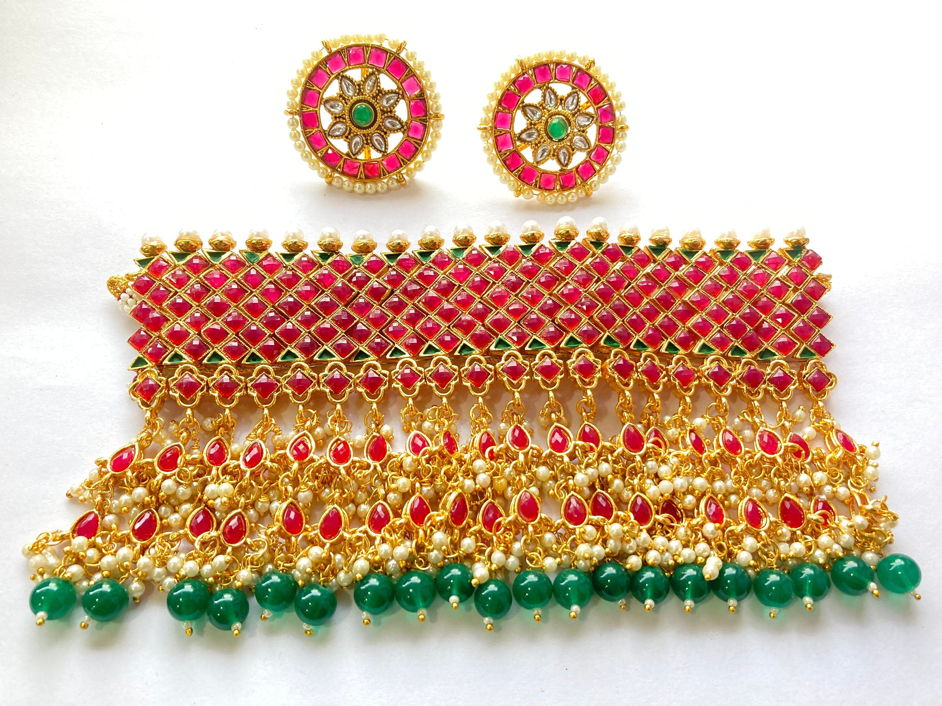 High Quality Traditional Indian Bollywood Style Polki Kundan Choker Necklace Set With Drop Work