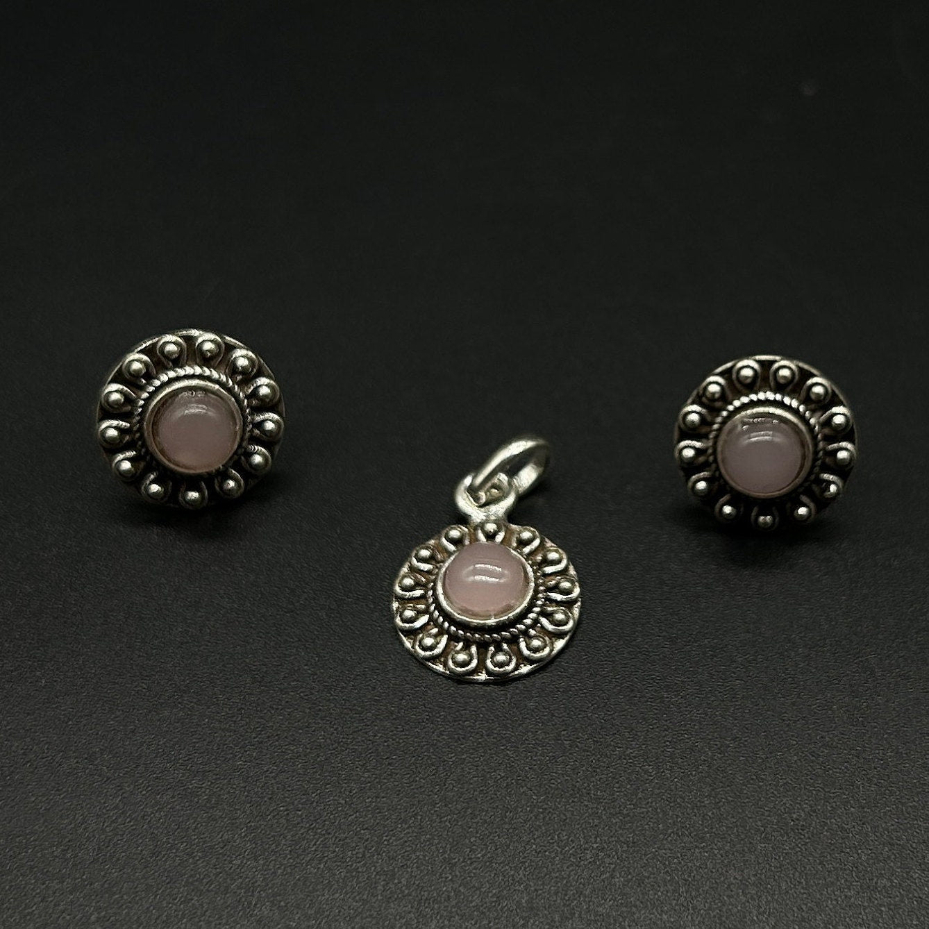 925 Sterling Silver Rose Quartz Gemstone Pendant With Earing