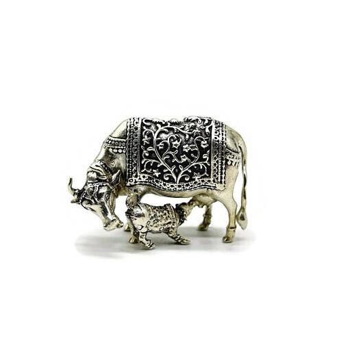 925 Sterling Silver Kamdhenu Cow and Claf Idol / Kamdhenu