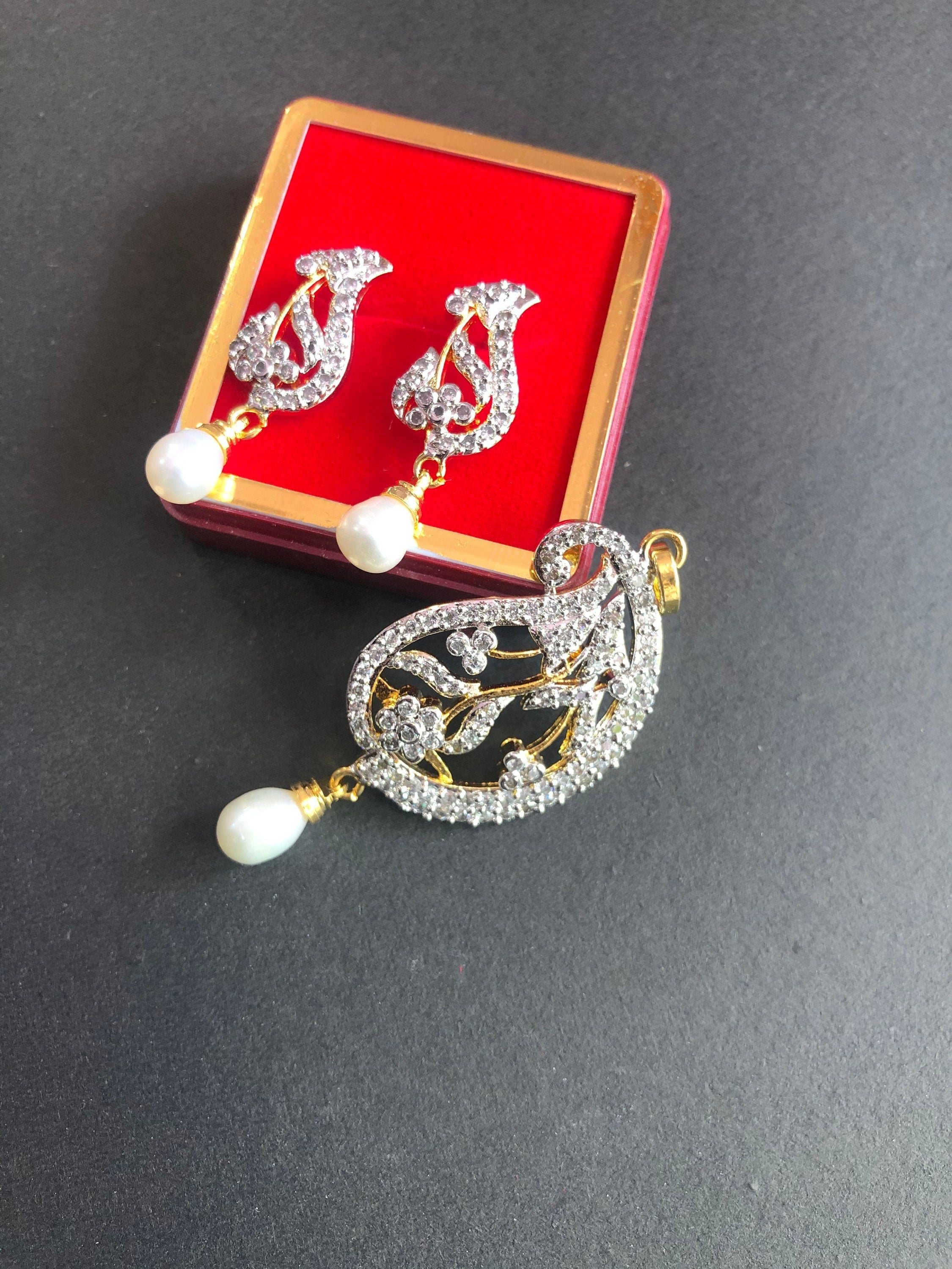 Designer Pendant Set With Earrings/CZ Pendant Set/Pearl Pendant/American Diamond Jewelry/Cubic Zircon Jewelry/Indian Jewelry/ Pendant