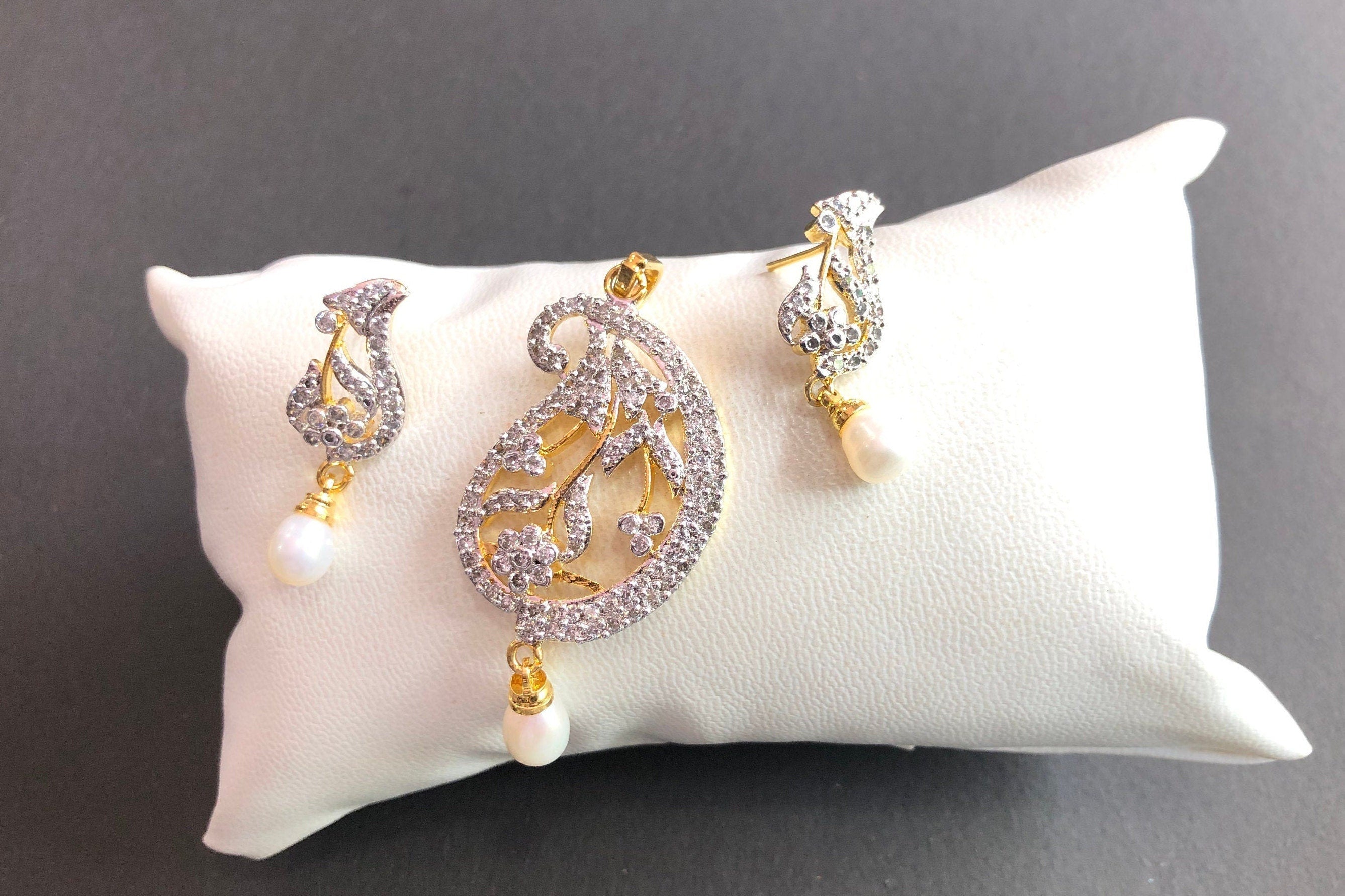 Designer Pendant Set With Earrings/CZ Pendant Set/Pearl Pendant/American Diamond Jewelry/Cubic Zircon Jewelry/Indian Jewelry/ Pendant