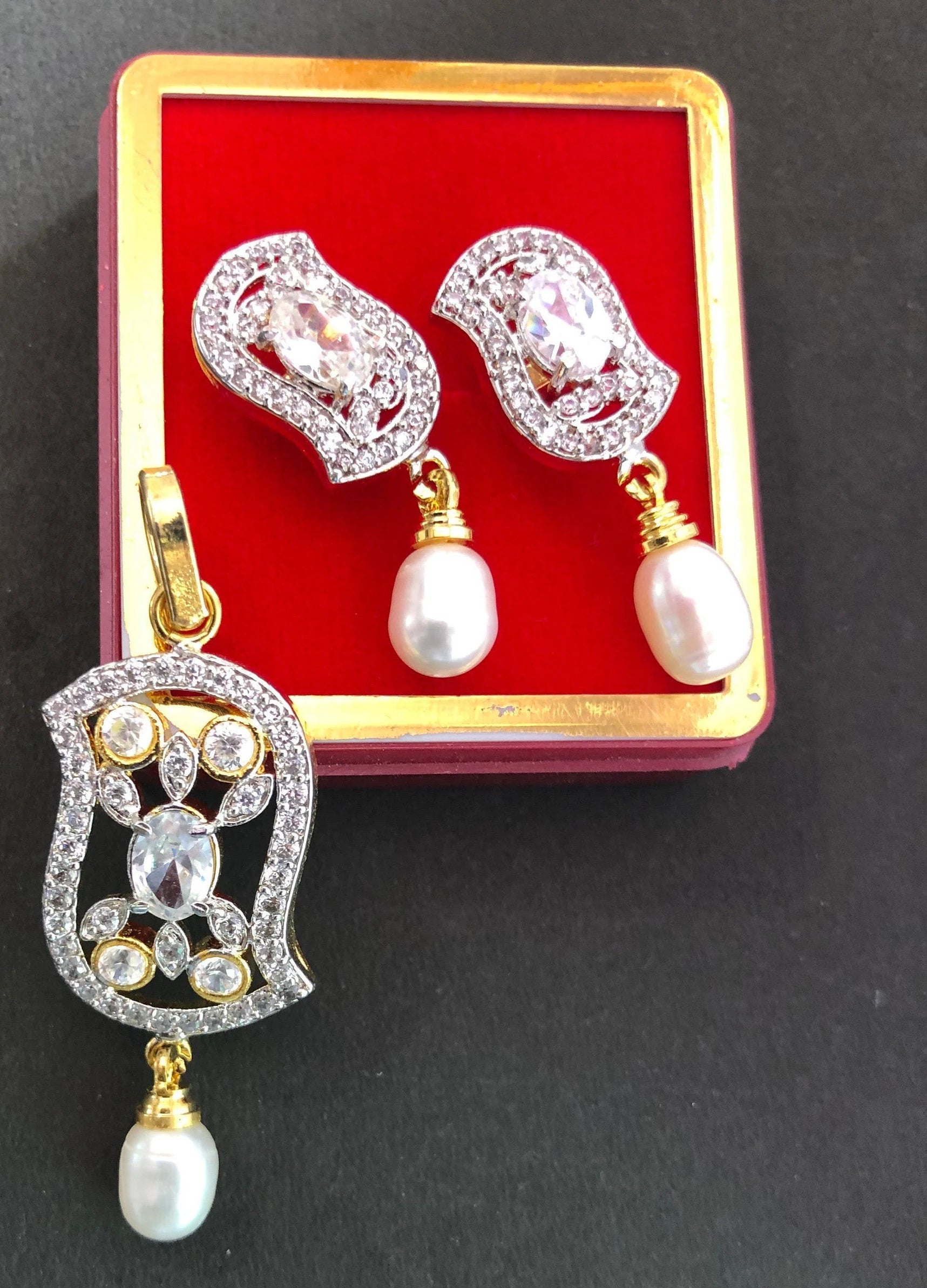 Designer Pendant Set With Earrings/ Pearl Pendant /American Diamond Jewelry/Cubic Zircon Jewelry/Indian Jewelry/ Pendant