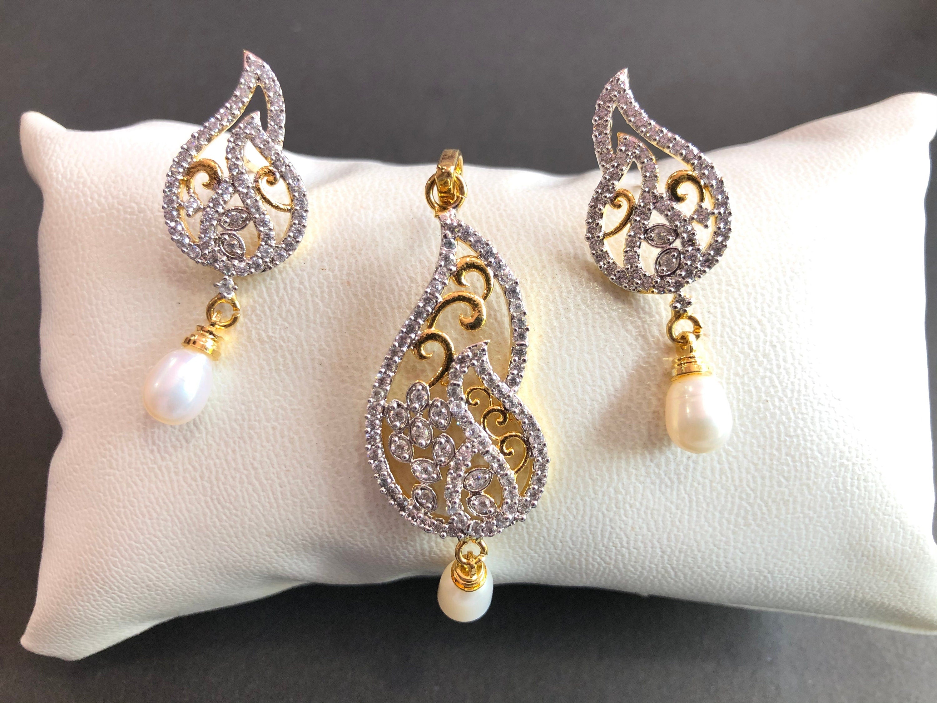 Designer Pendant Set With Earrings/ Pearl Pendant /American Diamond Jewelry/Cubic Zircon Jewelry/Indian Jewelry/ Pendant