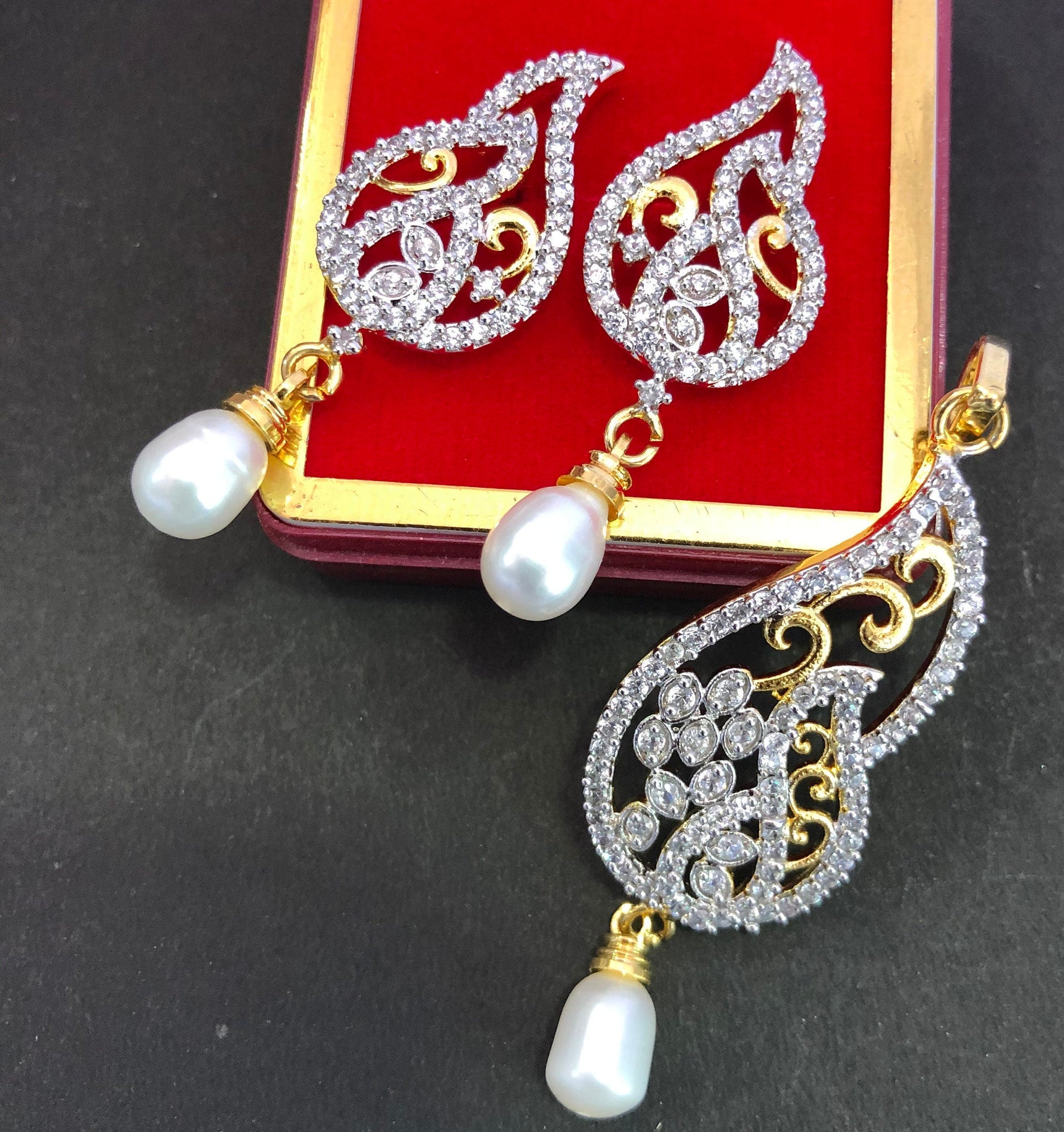 Designer Pendant Set With Earrings/ Pearl Pendant /American Diamond Jewelry/Cubic Zircon Jewelry/Indian Jewelry/ Pendant