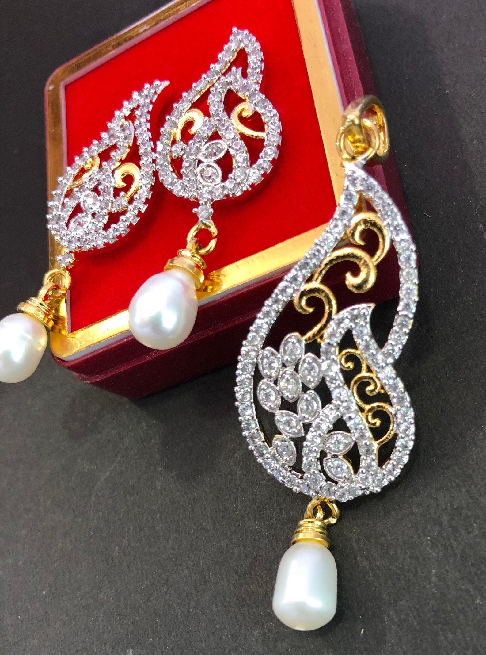 Designer Pendant Set With Earrings/ Pearl Pendant /American Diamond Jewelry/Cubic Zircon Jewelry/Indian Jewelry/ Pendant