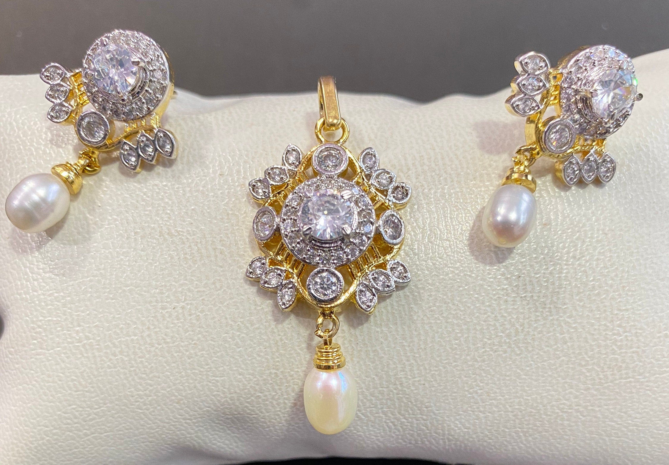 CZ Pendant /Designer Pendant Set With Earrings/ Pearl Pendant /American Diamond Jewelry/Cubic Zircon Jewelry/Indian Jewelry/ Pendant