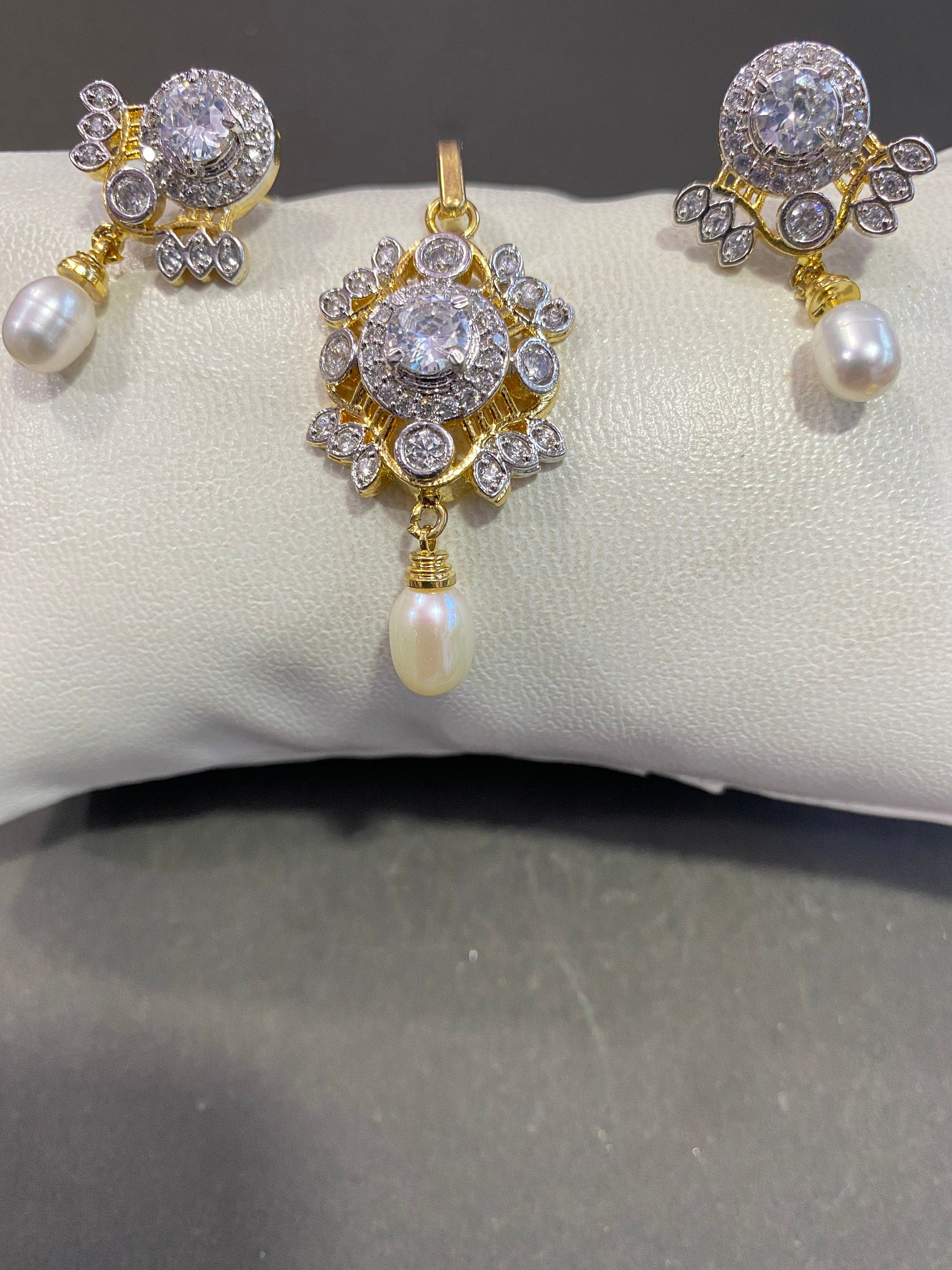 CZ Pendant /Designer Pendant Set With Earrings/ Pearl Pendant /American Diamond Jewelry/Cubic Zircon Jewelry/Indian Jewelry/ Pendant