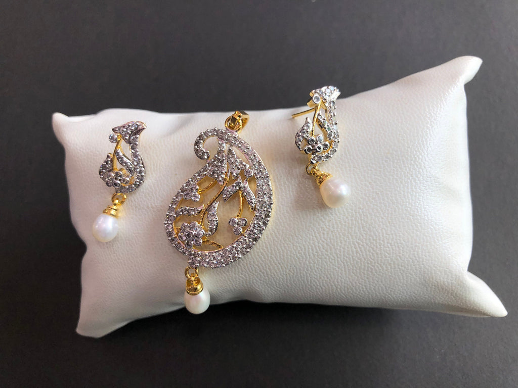 Designer Pendant Set With Earrings/CZ Pendant Set/Pearl Pendant/American Diamond Jewelry/Cubic Zircon Jewelry/Indian Jewelry/ Pendant