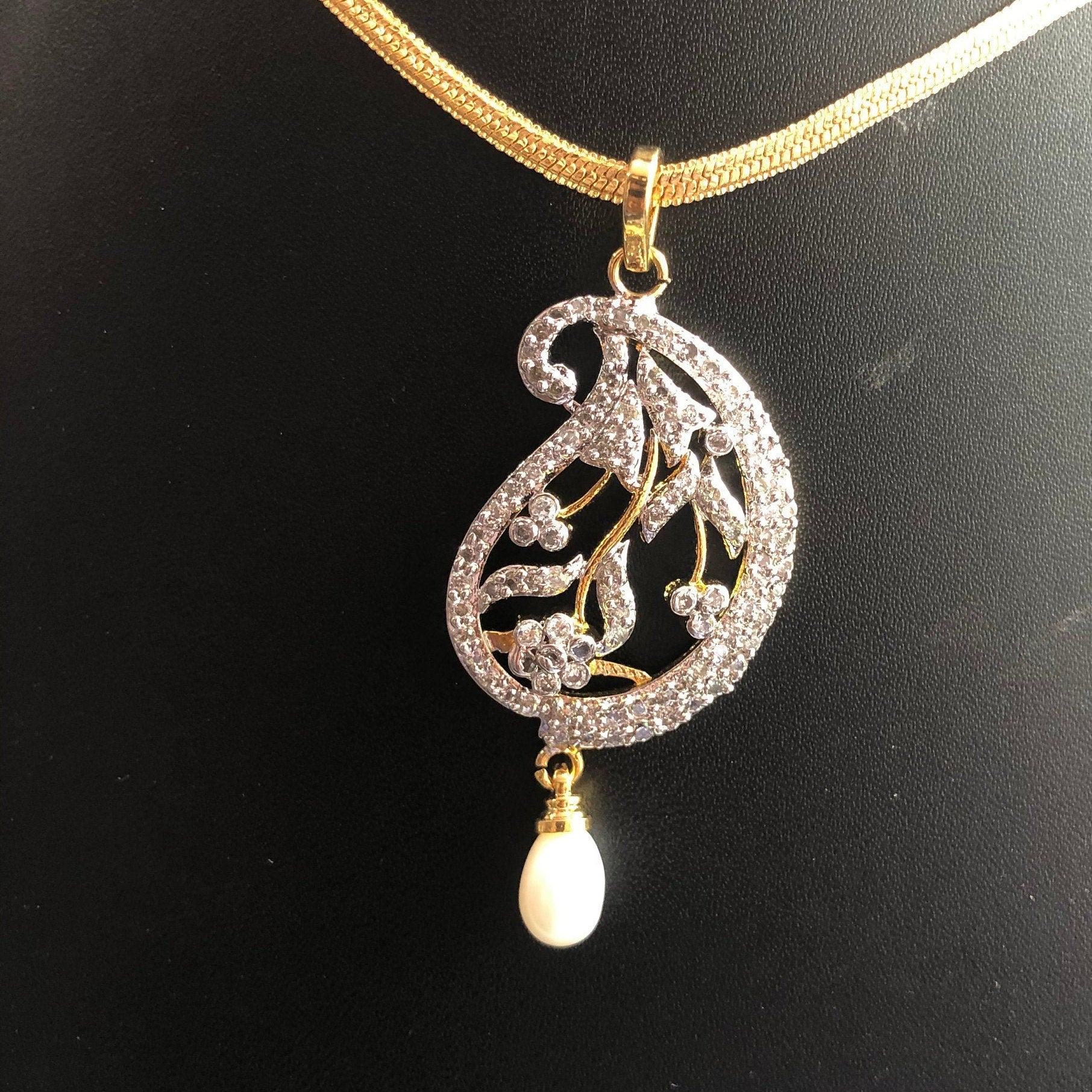Designer Pendant Set With Earrings/CZ Pendant Set/Pearl Pendant/American Diamond Jewelry/Cubic Zircon Jewelry/Indian Jewelry/ Pendant