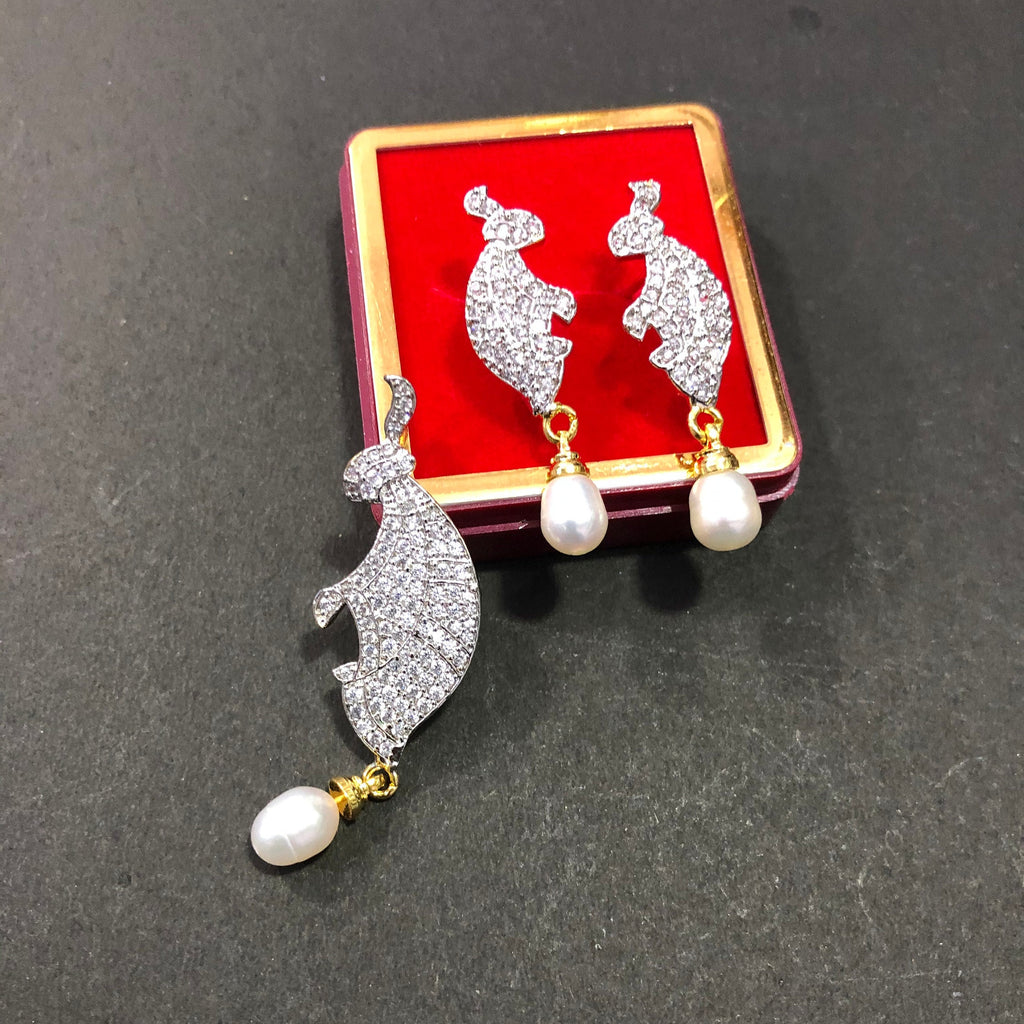 Designer Pendant Set With Earrings/Rabbit Pendant Set/ Pearl Pendant /American Diamond Jewelry/Cubic Zircon Jewelry/Indian Jewelry/ Pendant