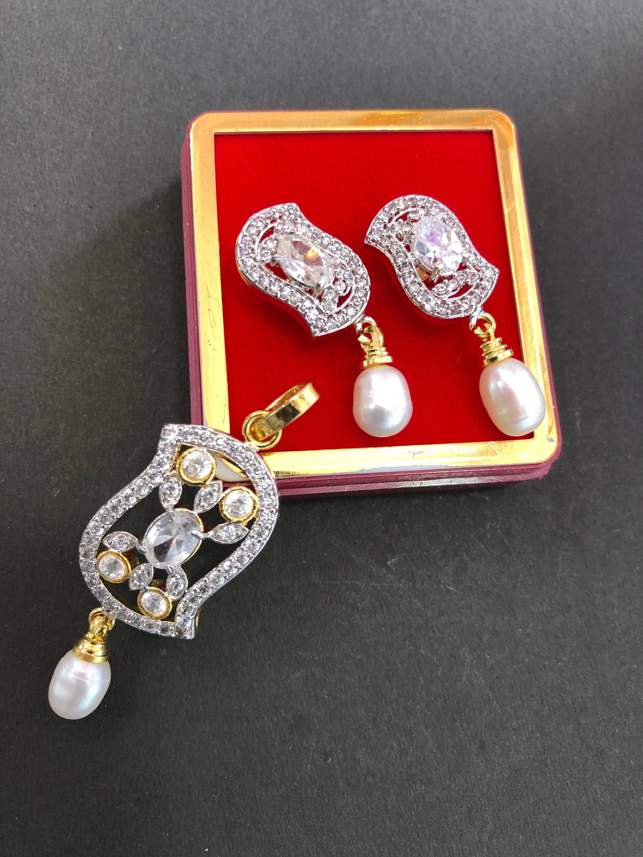 Designer Pendant Set With Earrings/ Pearl Pendant /American Diamond Jewelry/Cubic Zircon Jewelry/Indian Jewelry/ Pendant