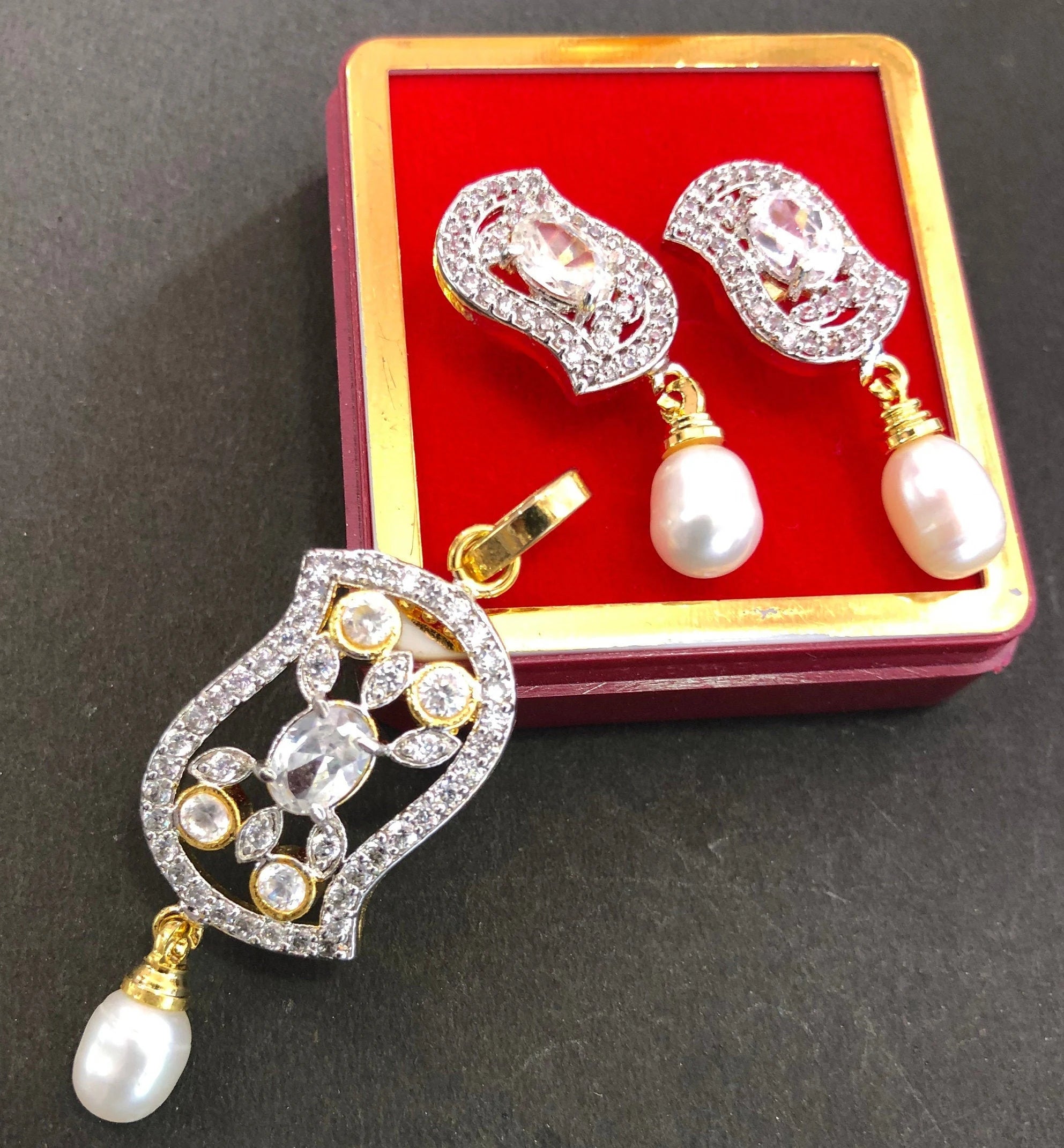 Designer Pendant Set With Earrings/ Pearl Pendant /American Diamond Jewelry/Cubic Zircon Jewelry/Indian Jewelry/ Pendant
