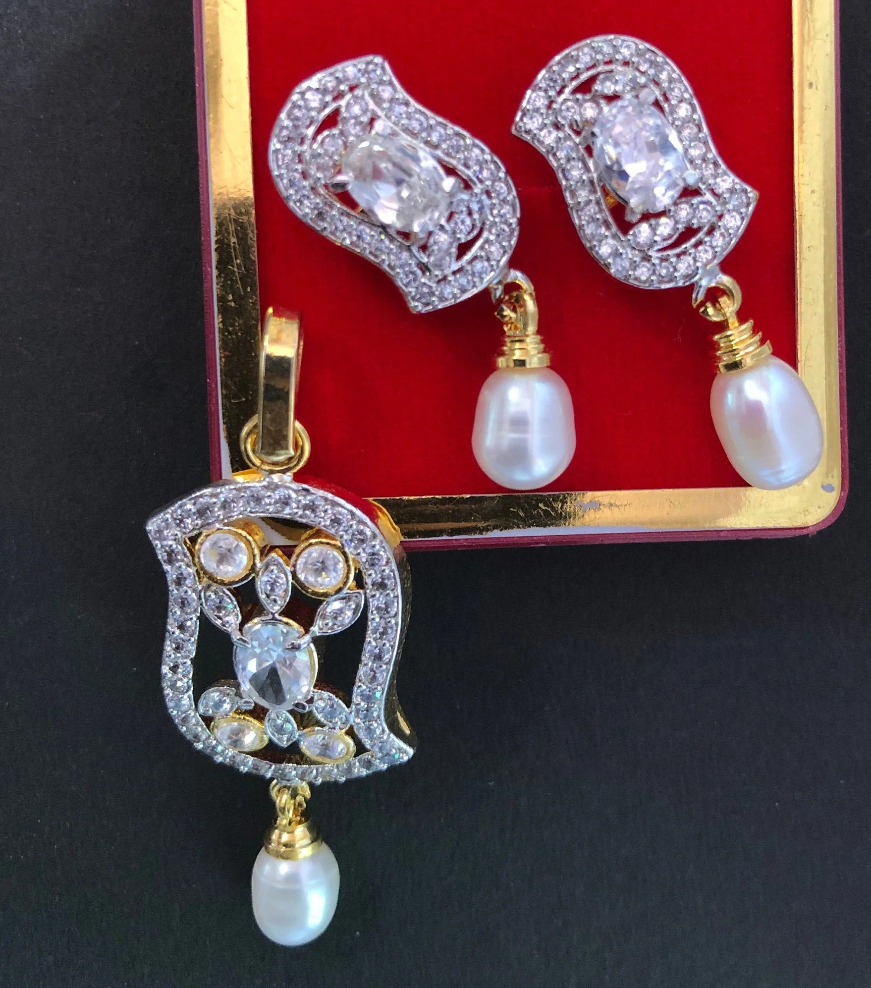 Designer Pendant Set With Earrings/ Pearl Pendant /American Diamond Jewelry/Cubic Zircon Jewelry/Indian Jewelry/ Pendant