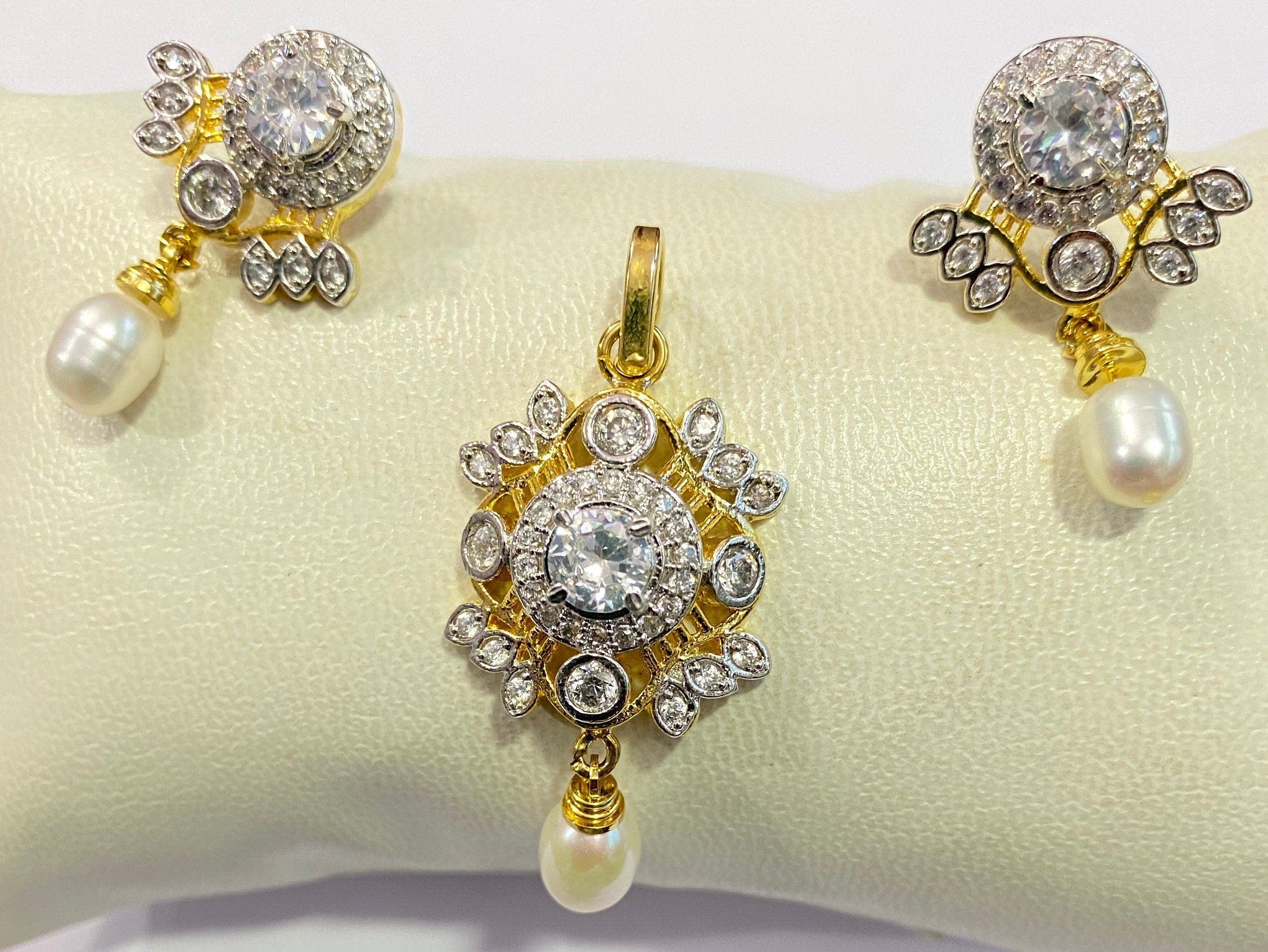 CZ Pendant /Designer Pendant Set With Earrings/ Pearl Pendant /American Diamond Jewelry/Cubic Zircon Jewelry/Indian Jewelry/ Pendant