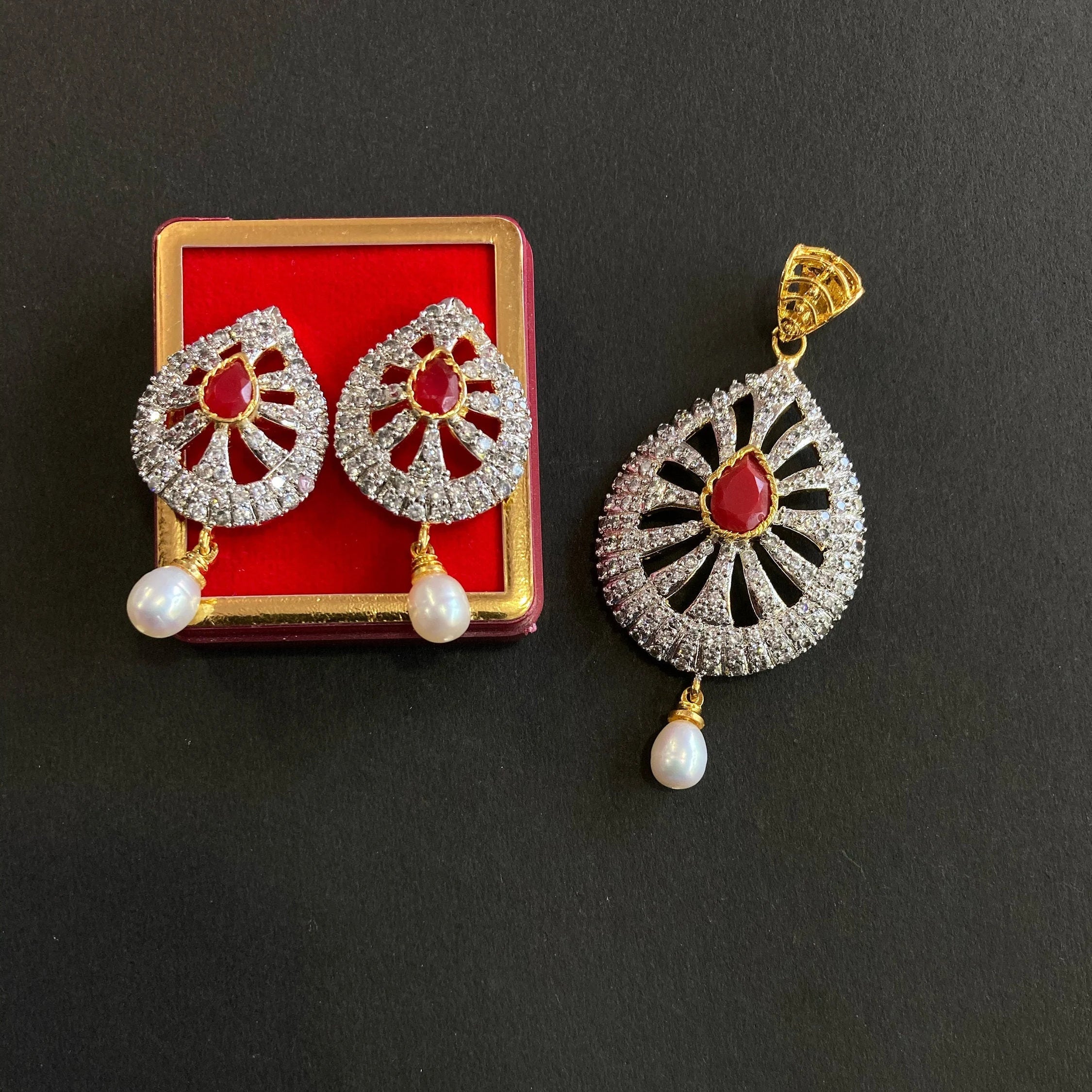 Designer Pendant Set With Earring/Rare Pendant Set/ Pearl Pendant /American Diamond Jewelry/Cubic Zircon Jewelry/Indian Jewelry/ Pendant