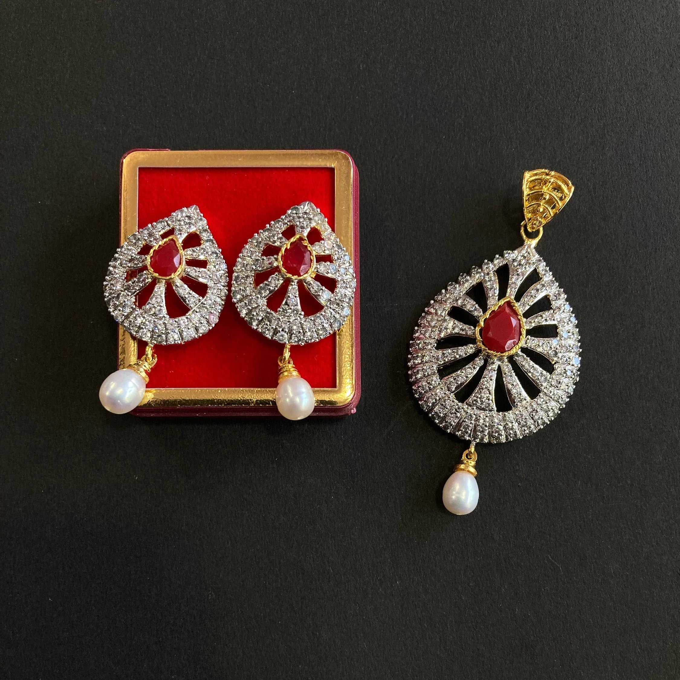 Designer Pendant Set With Earring/Rare Pendant Set/ Pearl Pendant /American Diamond Jewelry/Cubic Zircon Jewelry/Indian Jewelry/ Pendant