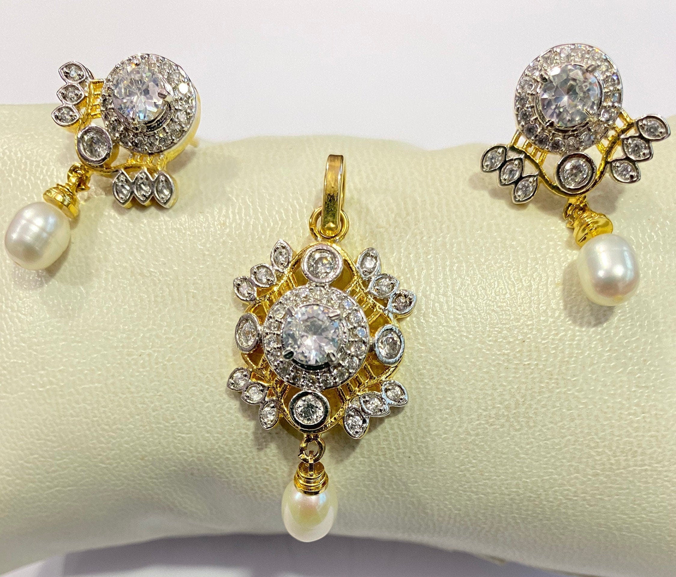 CZ Pendant /Designer Pendant Set With Earrings/ Pearl Pendant /American Diamond Jewelry/Cubic Zircon Jewelry/Indian Jewelry/ Pendant