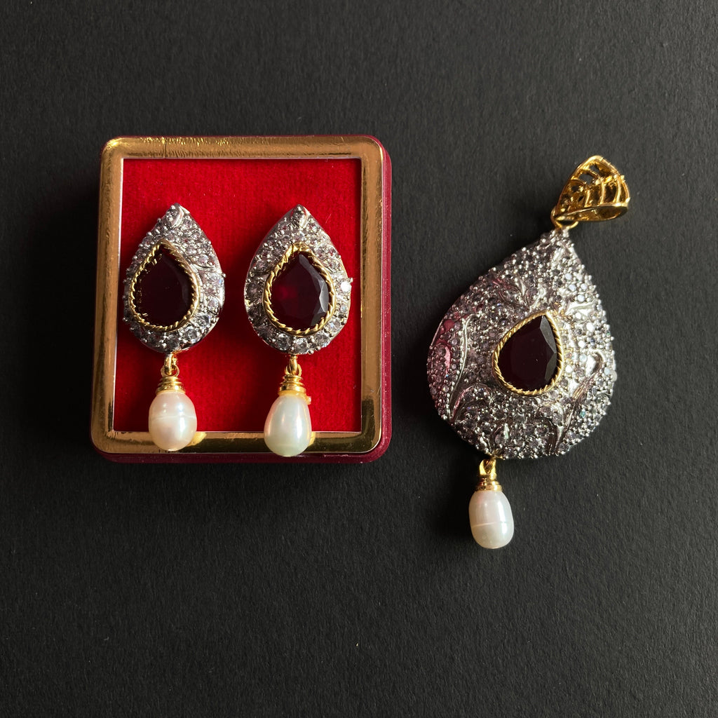 Designer Pendant Set With Earring/Rare Pendant Set/ Pearl Pendant /American Diamond Jewelry/Cubic Zircon Jewelry/Indian Jewelry/ Pendant
