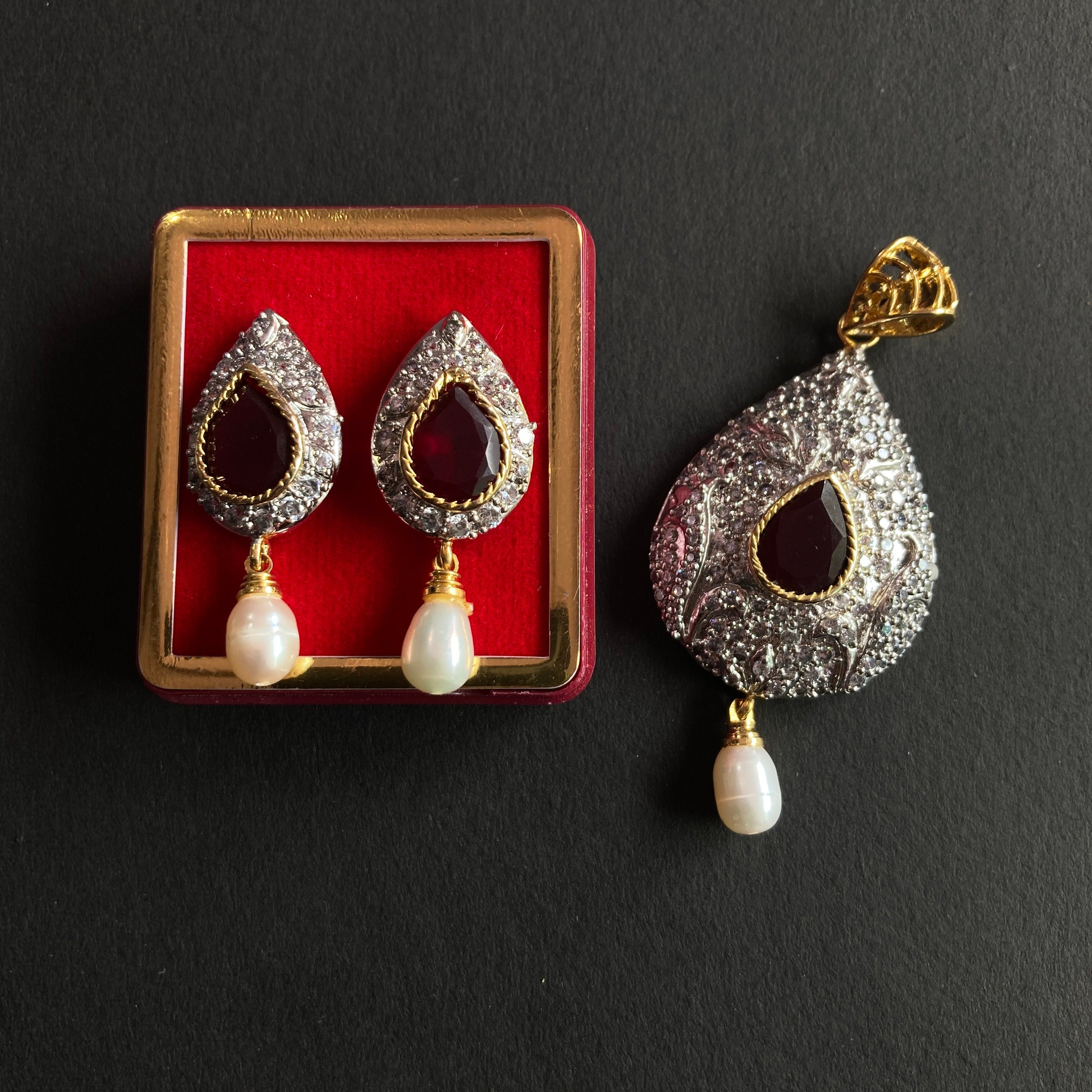 Designer Pendant Set With Earring/Rare Pendant Set/ Pearl Pendant /American Diamond Jewelry/Cubic Zircon Jewelry/Indian Jewelry/ Pendant