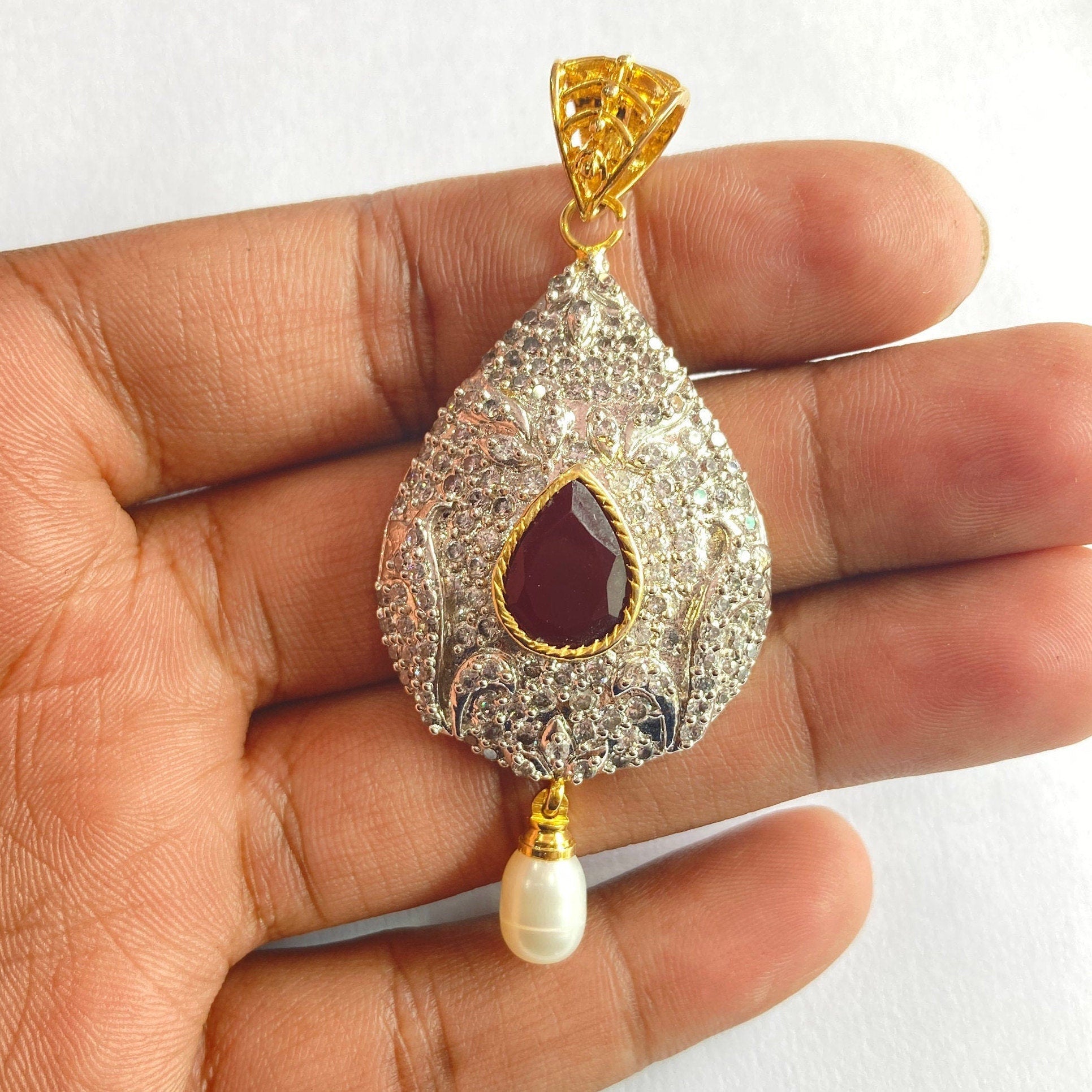 Designer Pendant Set With Earring/Rare Pendant Set/ Pearl Pendant /American Diamond Jewelry/Cubic Zircon Jewelry/Indian Jewelry/ Pendant