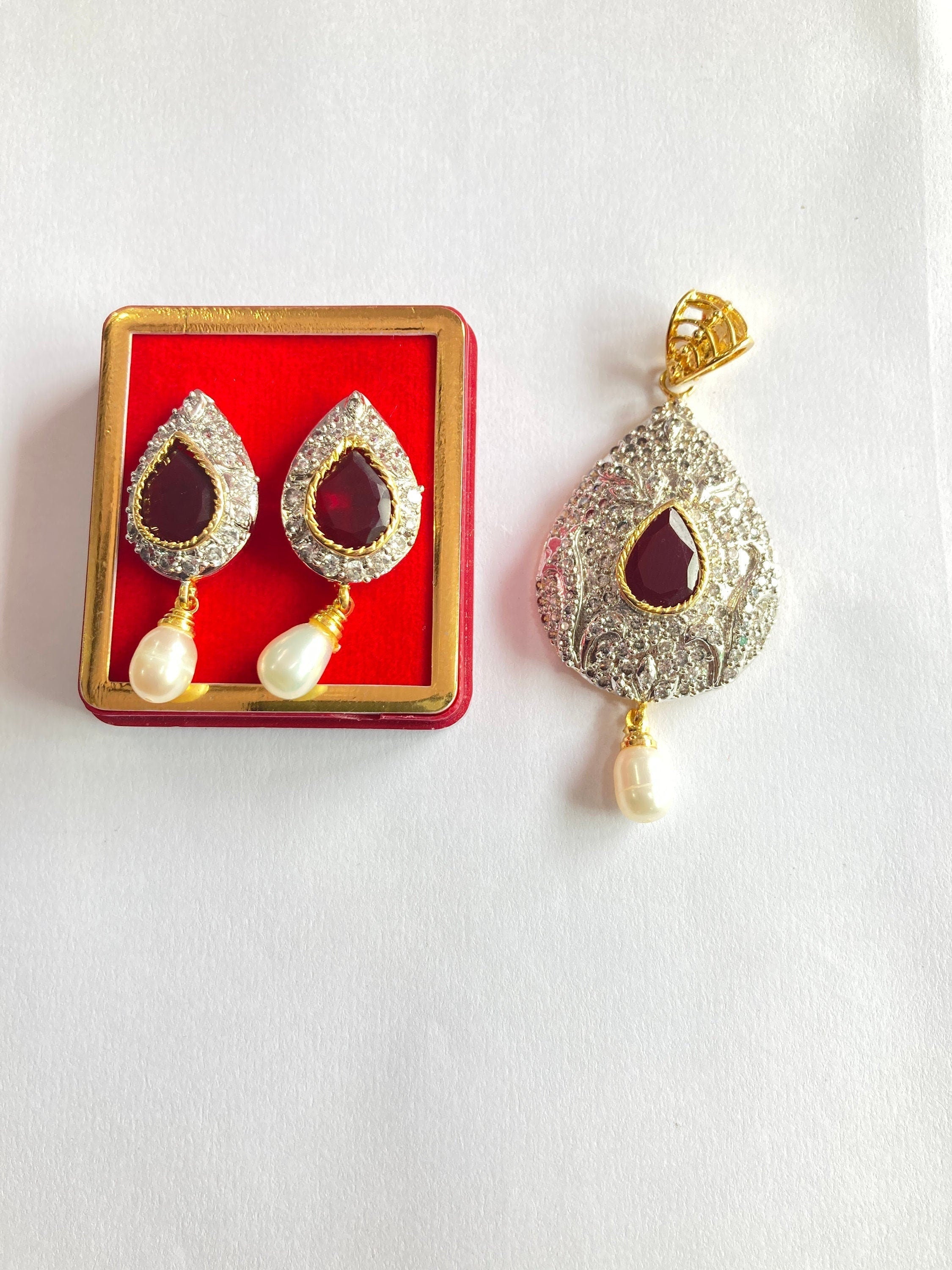 Designer Pendant Set With Earring/Rare Pendant Set/ Pearl Pendant /American Diamond Jewelry/Cubic Zircon Jewelry/Indian Jewelry/ Pendant