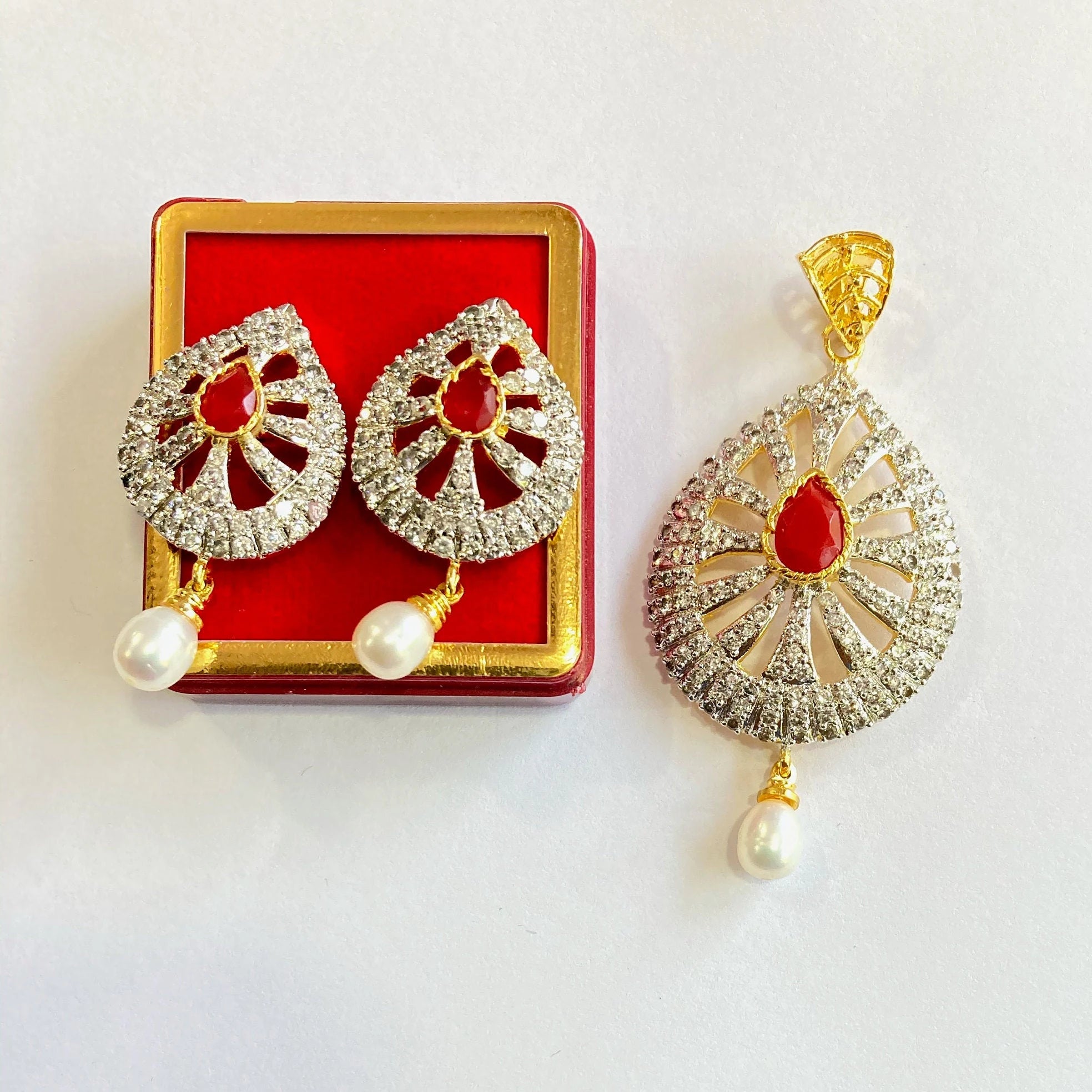 Designer Pendant Set With Earring/Rare Pendant Set/ Pearl Pendant /American Diamond Jewelry/Cubic Zircon Jewelry/Indian Jewelry/ Pendant