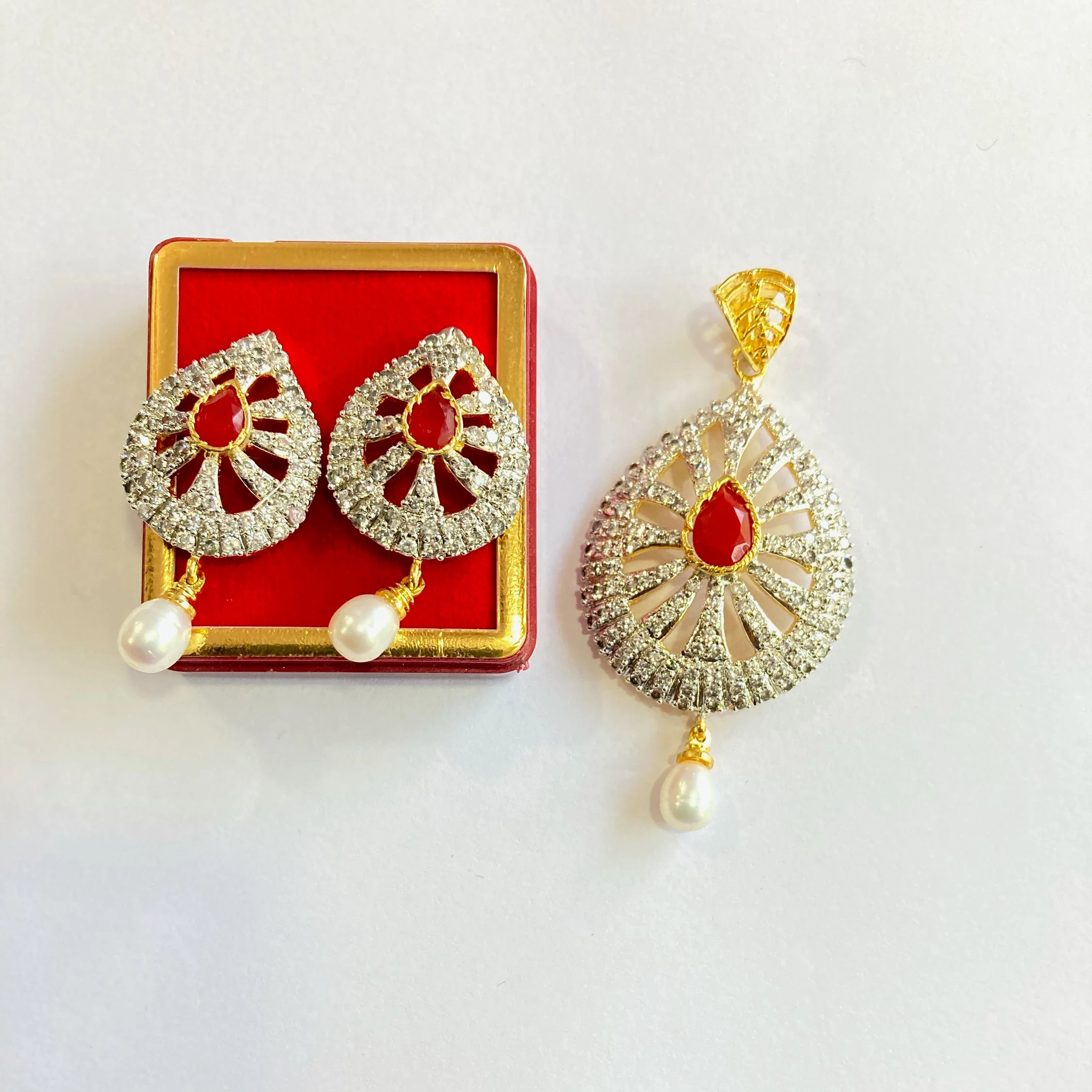 Designer Pendant Set With Earring/Rare Pendant Set/ Pearl Pendant /American Diamond Jewelry/Cubic Zircon Jewelry/Indian Jewelry/ Pendant