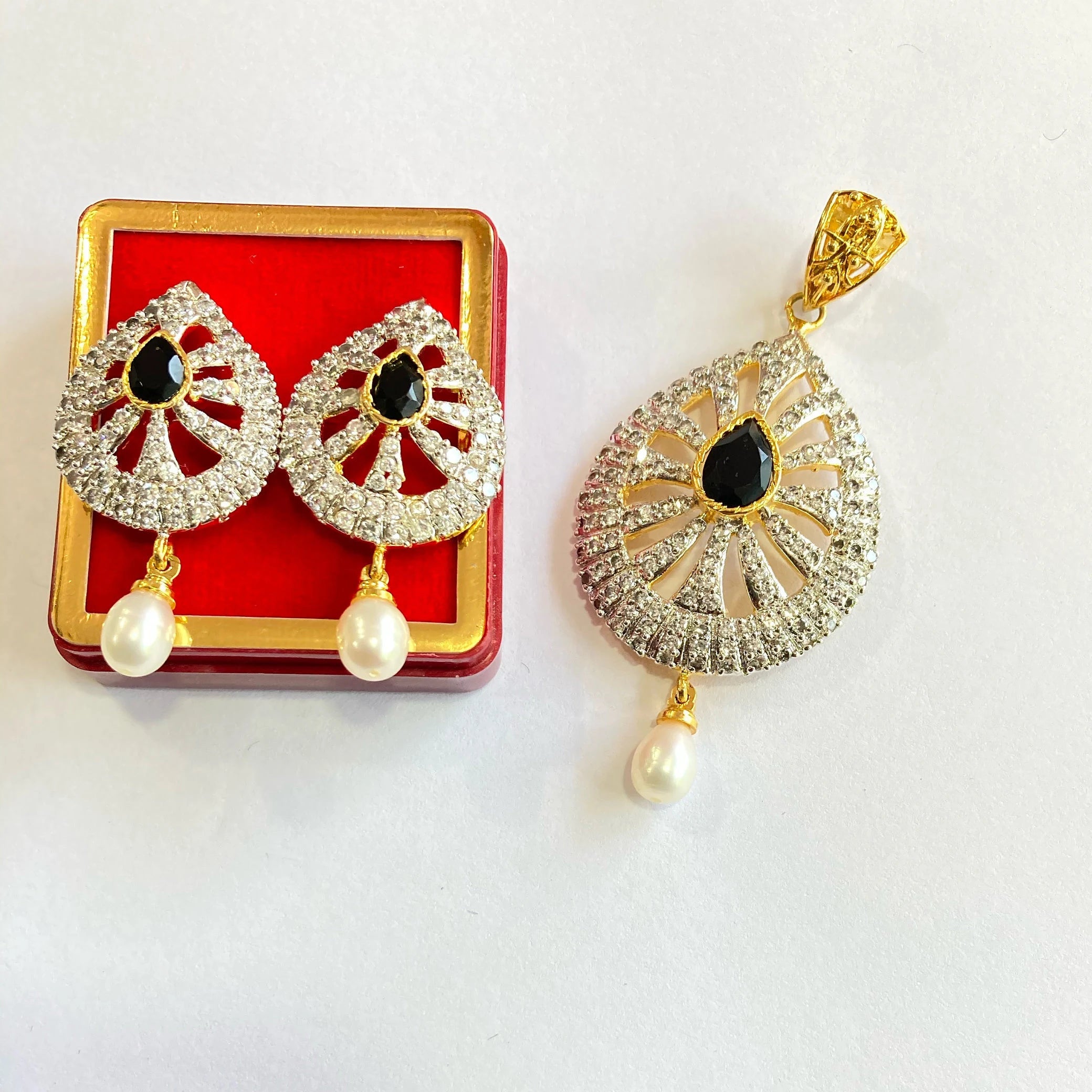 Designer Pendant Set With Earring/Rare Pendant Set/ Pearl Pendant /American Diamond Jewelry/Cubic Zircon Jewelry/Indian Jewelry/ Pendant