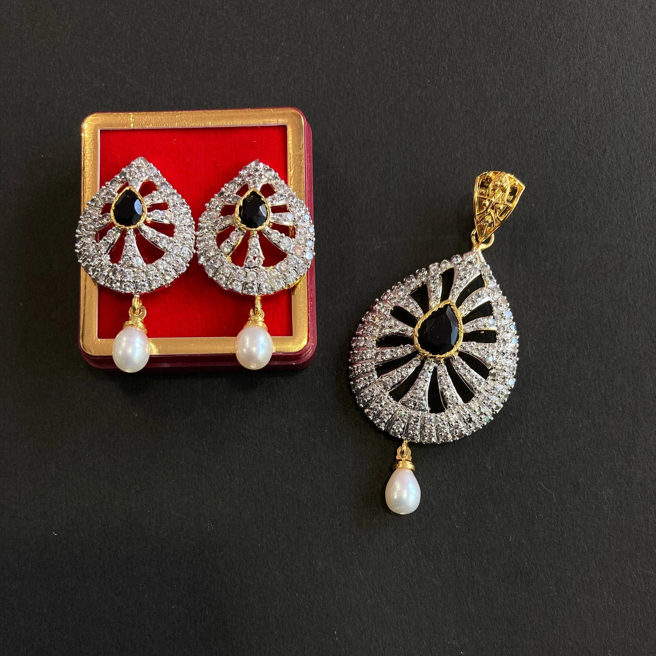 Designer Pendant Set With Earring/Rare Pendant Set/ Pearl Pendant /American Diamond Jewelry/Cubic Zircon Jewelry/Indian Jewelry/ Pendant