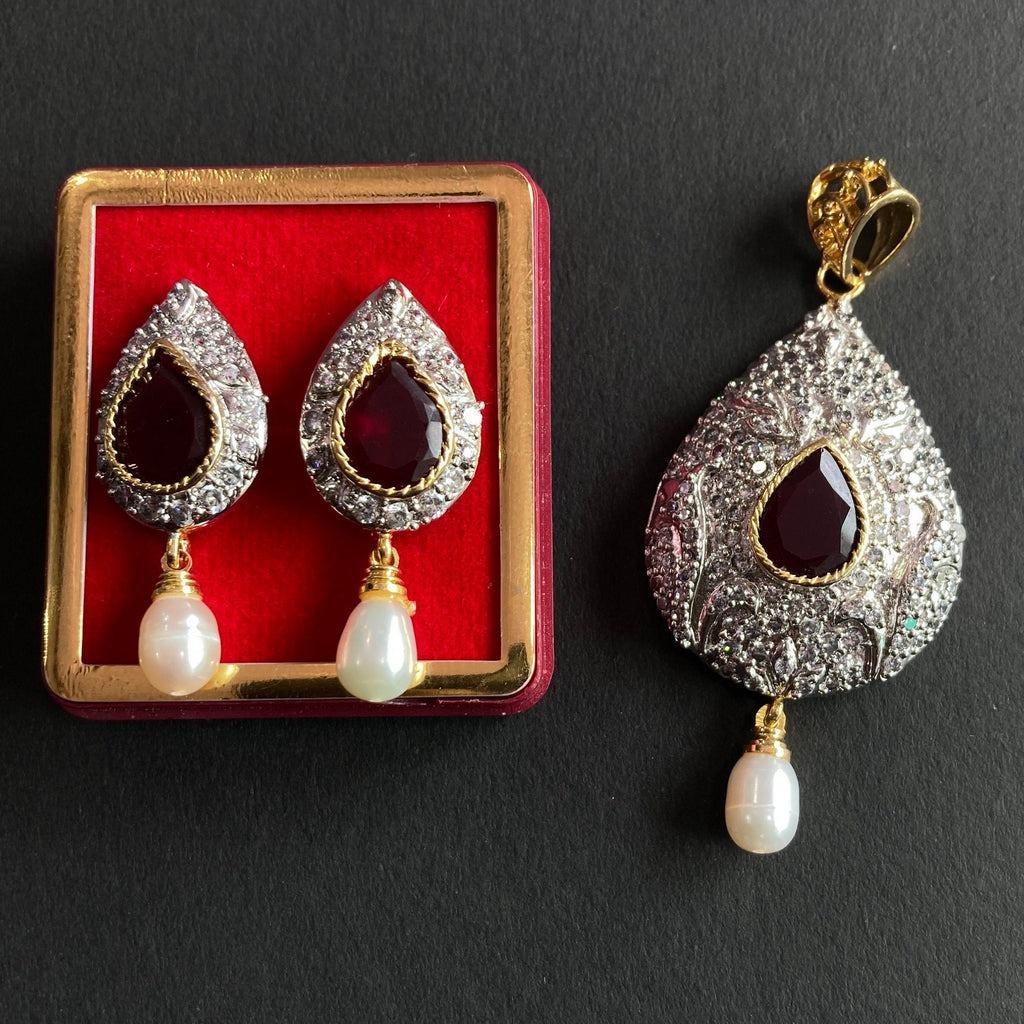 Designer Pendant Set With Earring/Rare Pendant Set/ Pearl Pendant /American Diamond Jewelry/Cubic Zircon Jewelry/Indian Jewelry/ Pendant
