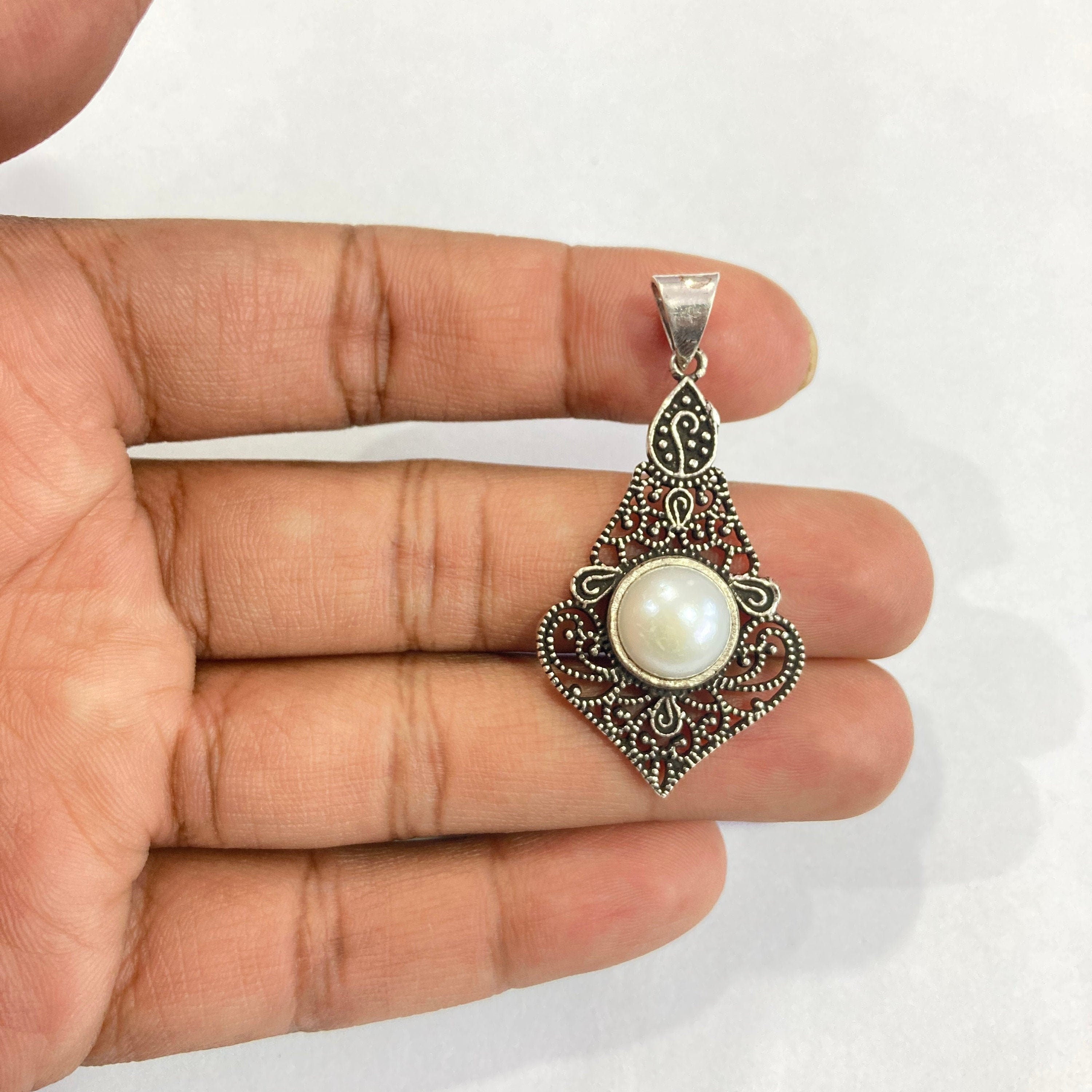 Natural Pearl Silver Pendant - 925 Sterling Silver Pendant - Designer Smooth Gemstone Pendant - Handcrafted Jewelry - Gift For Her