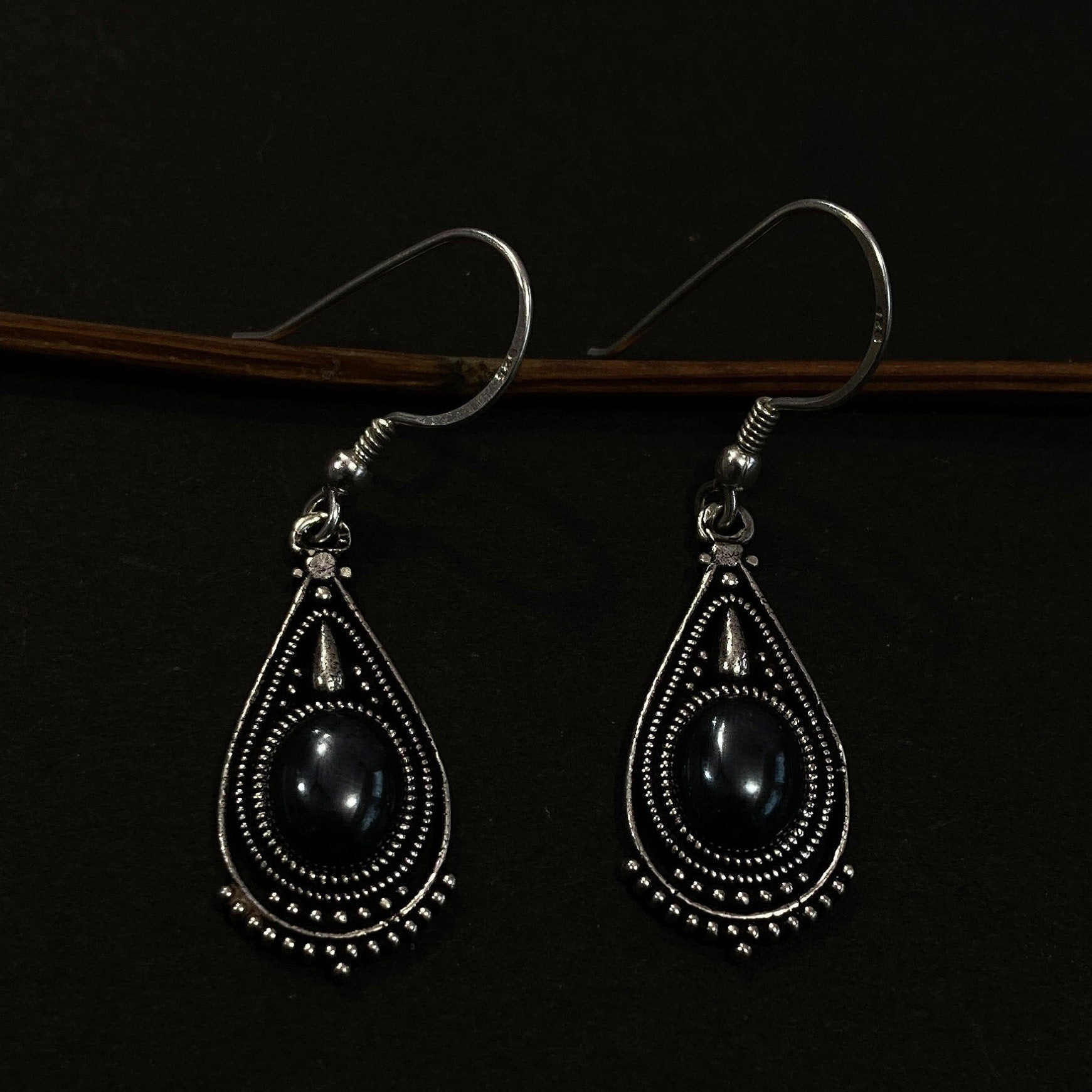 Gunmetal Earrings Natural Gunmetal Semi Precious Stone Earring,925 Sterling Silver Earring, Oval Stone With hoop Earring ,Bride Earring