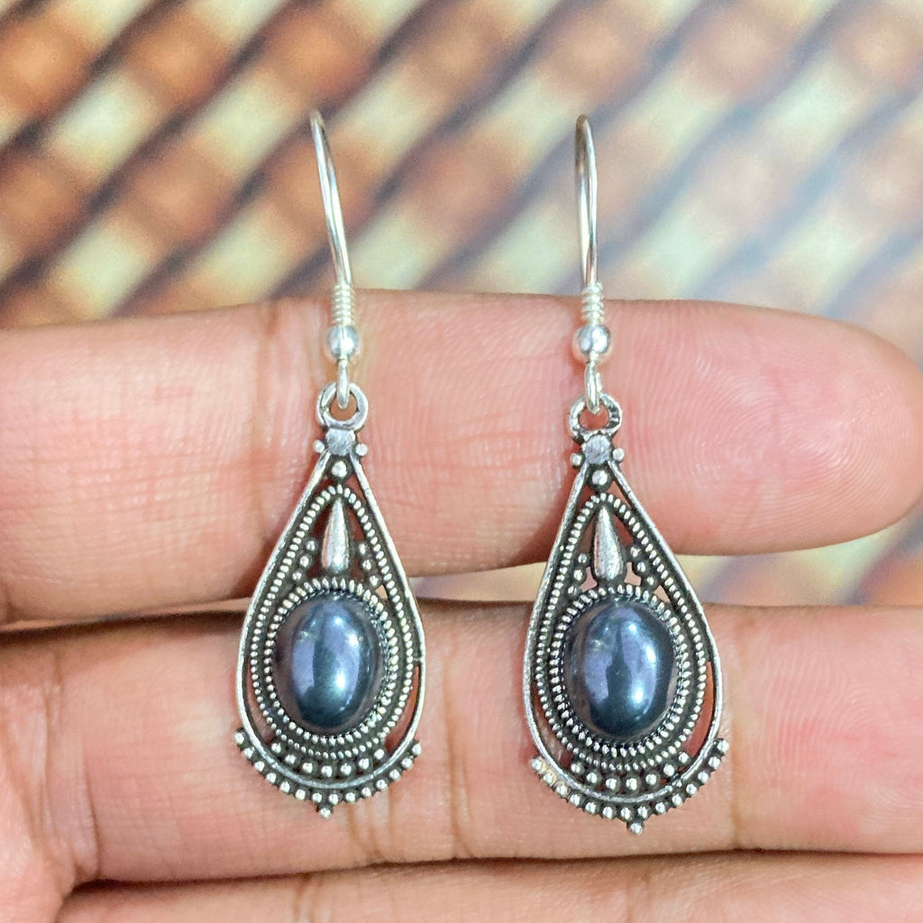 Gunmetal Earrings Natural Gunmetal Semi Precious Stone Earring,925 Sterling Silver Earring, Oval Stone With hoop Earring ,Bride Earring