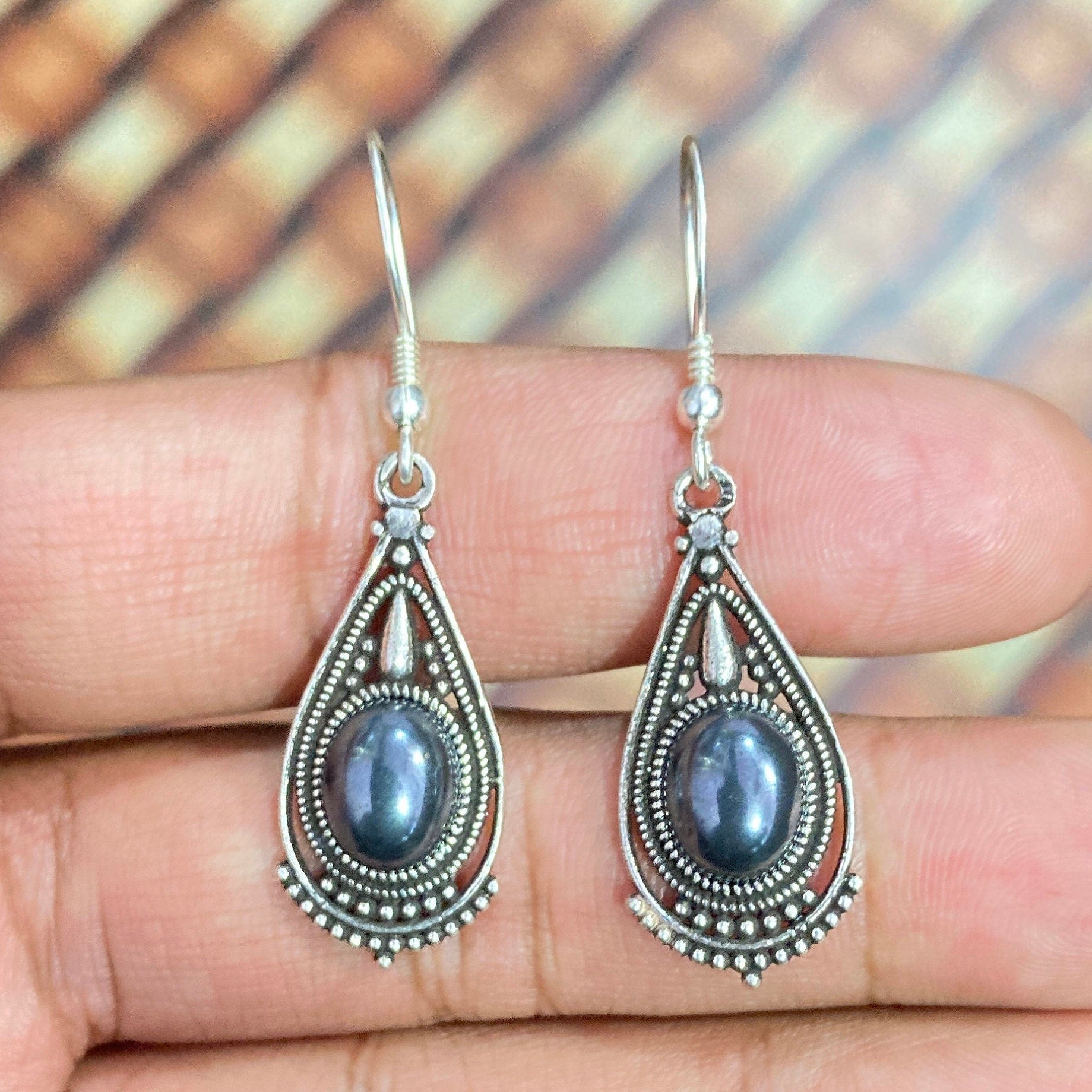 Gunmetal Earrings Natural Gunmetal Semi Precious Stone Earring,925 Sterling Silver Earring, Oval Stone With hoop Earring ,Bride Earring