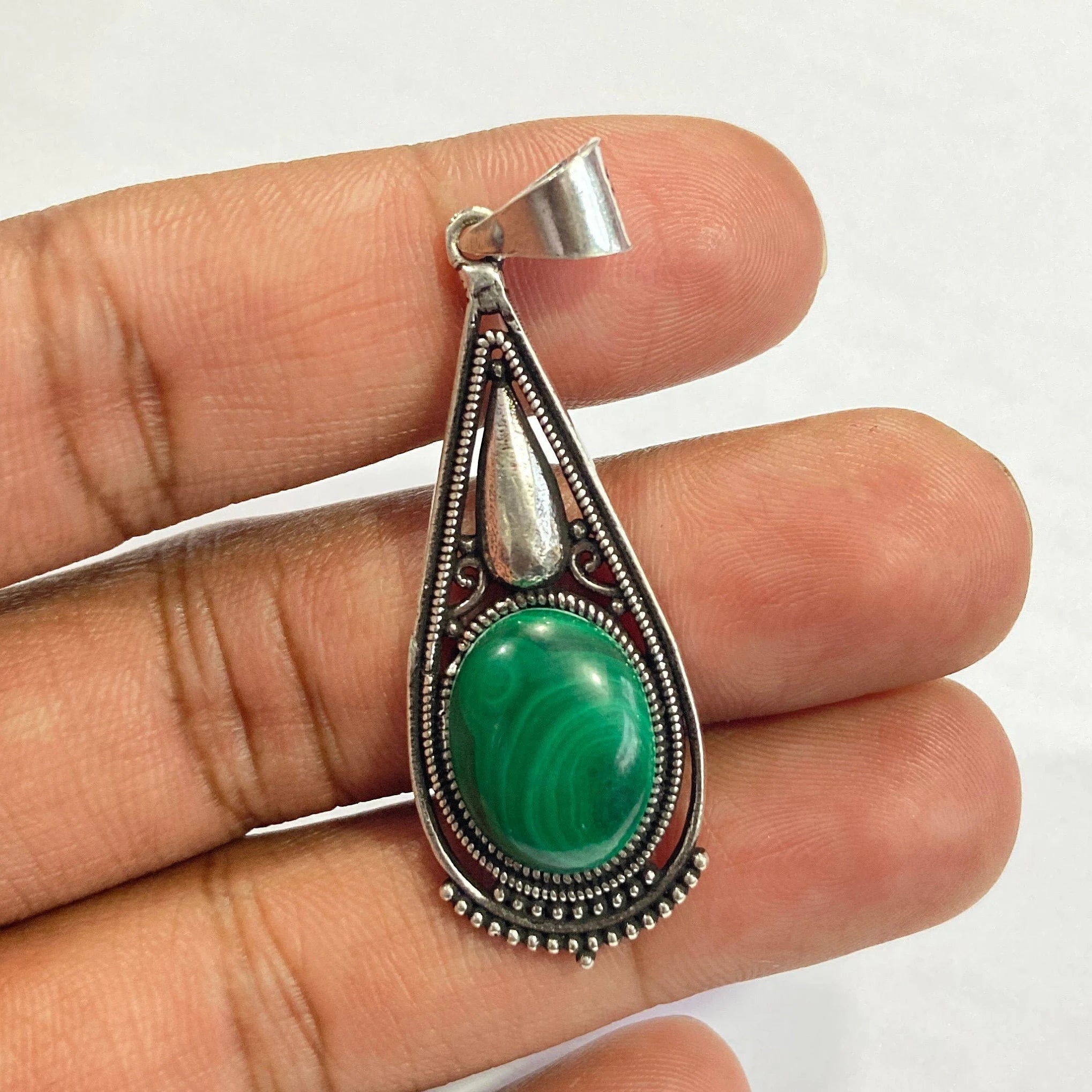Natural Malachite Silver Pendant - 925 Sterling Silver Pendant - Designer Smooth Gemstone Pendant - Handcrafted Jewelry - Gift For Her