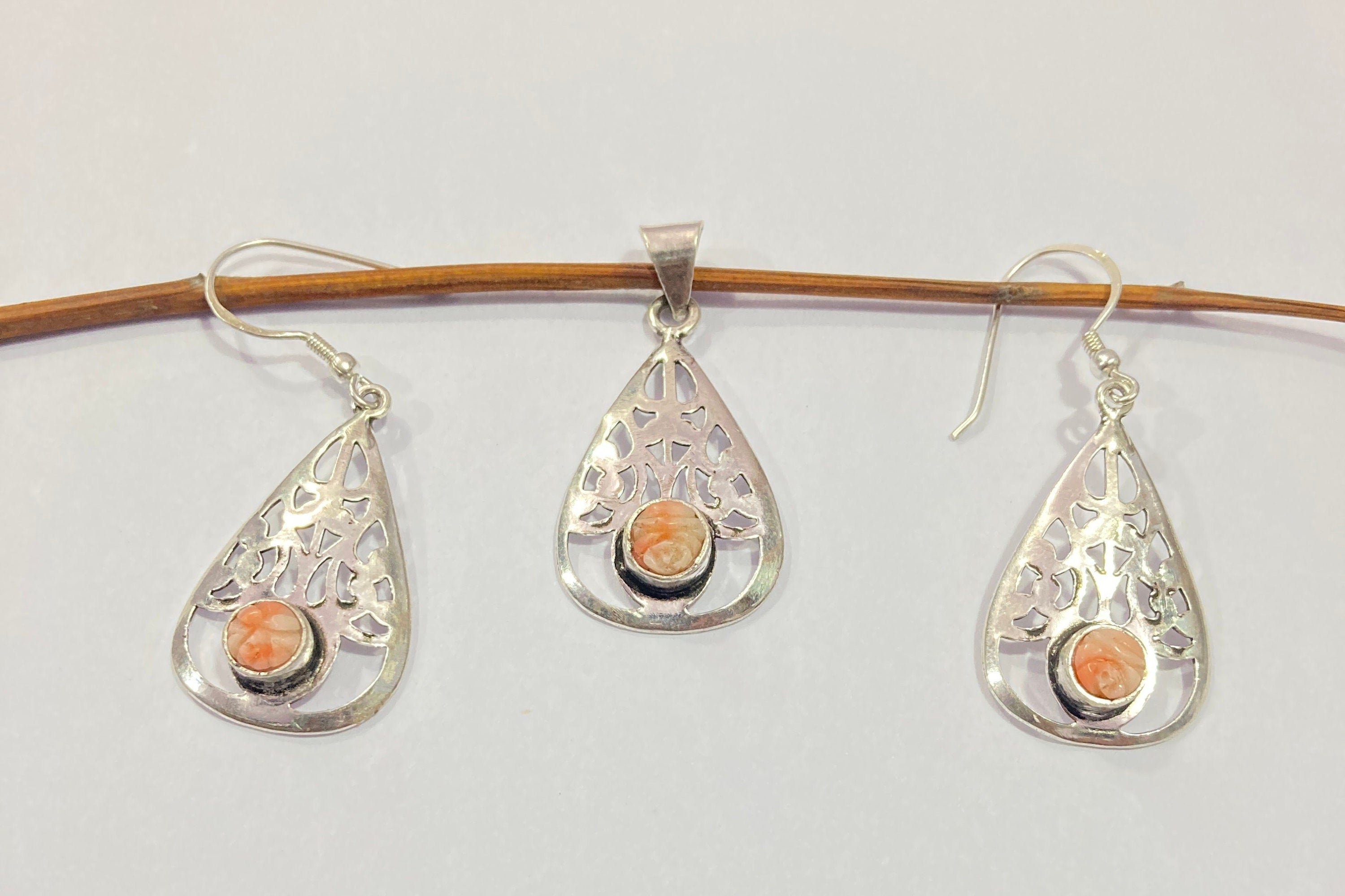 Natural Taiwan Coral 925 Sterling Silver Pendant With Earrings-Designer Smooth Gemstone Pendant -Handcrafted Jewelry- Gift For Her