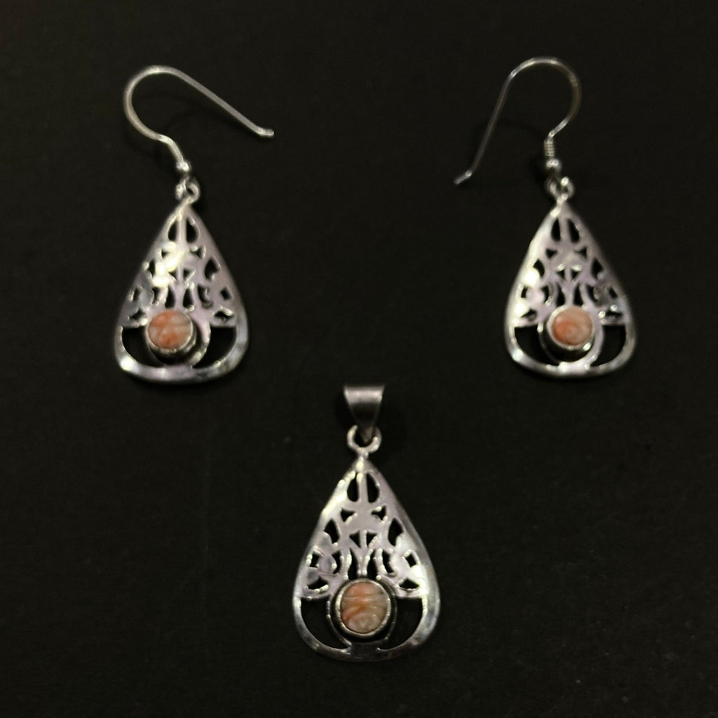 Natural Taiwan Coral 925 Sterling Silver Pendant With Earrings-Designer Smooth Gemstone Pendant -Handcrafted Jewelry- Gift For Her