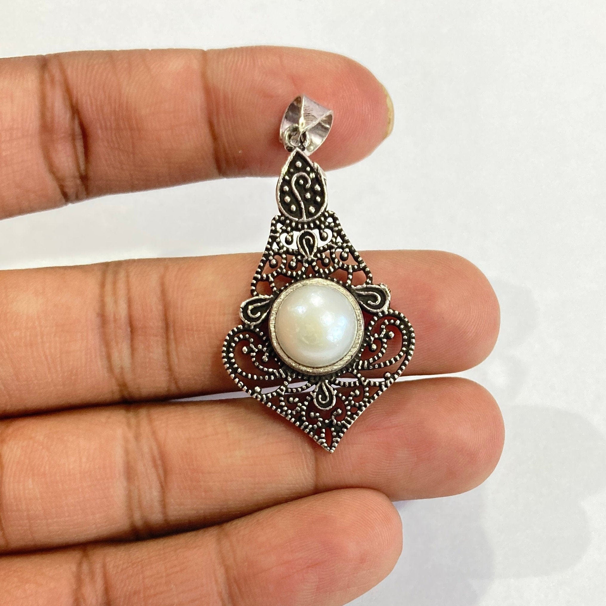 Natural Pearl Silver Pendant - 925 Sterling Silver Pendant - Designer Smooth Gemstone Pendant - Handcrafted Jewelry - Gift For Her