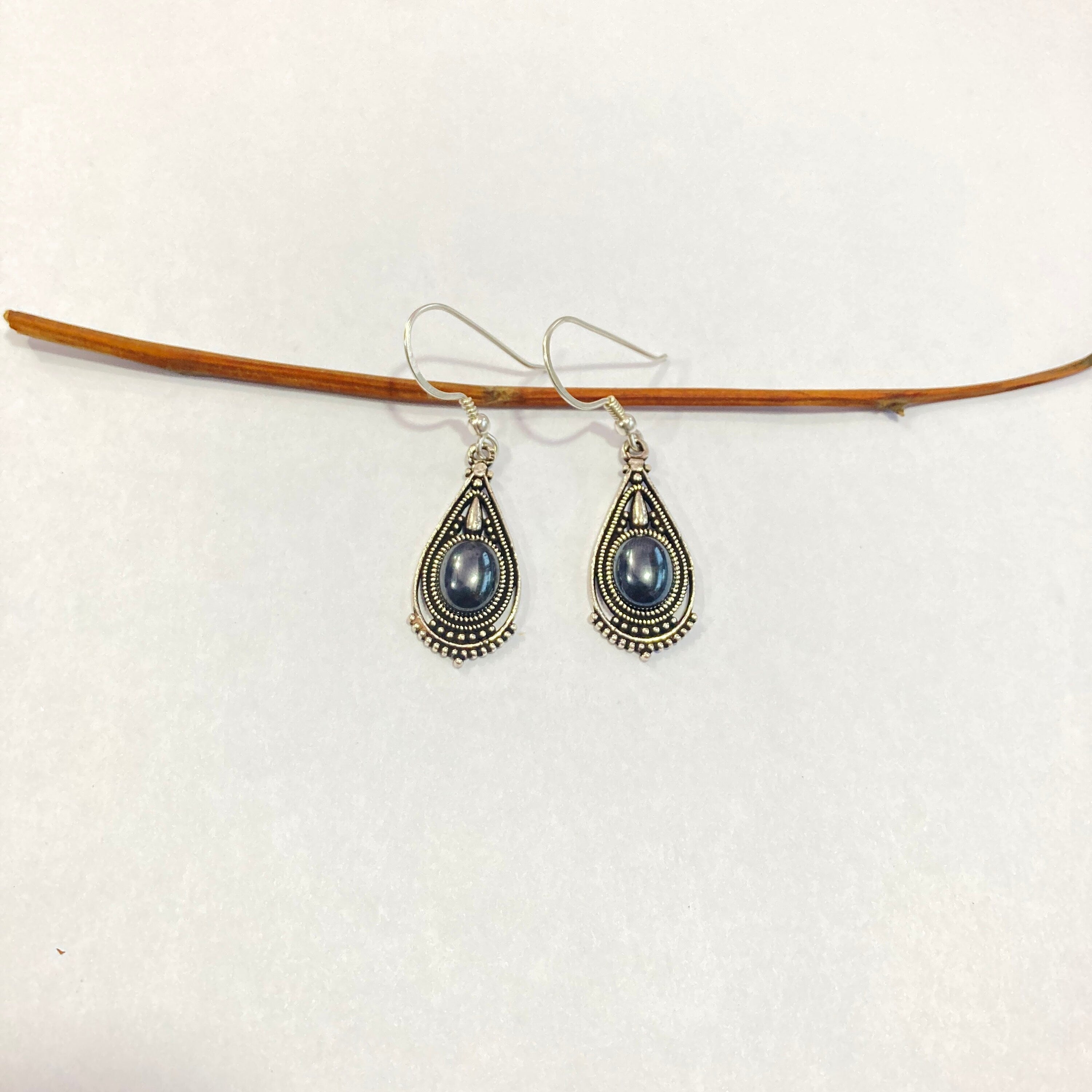 Gunmetal Earrings Natural Gunmetal Semi Precious Stone Earring,925 Sterling Silver Earring, Oval Stone With hoop Earring ,Bride Earring