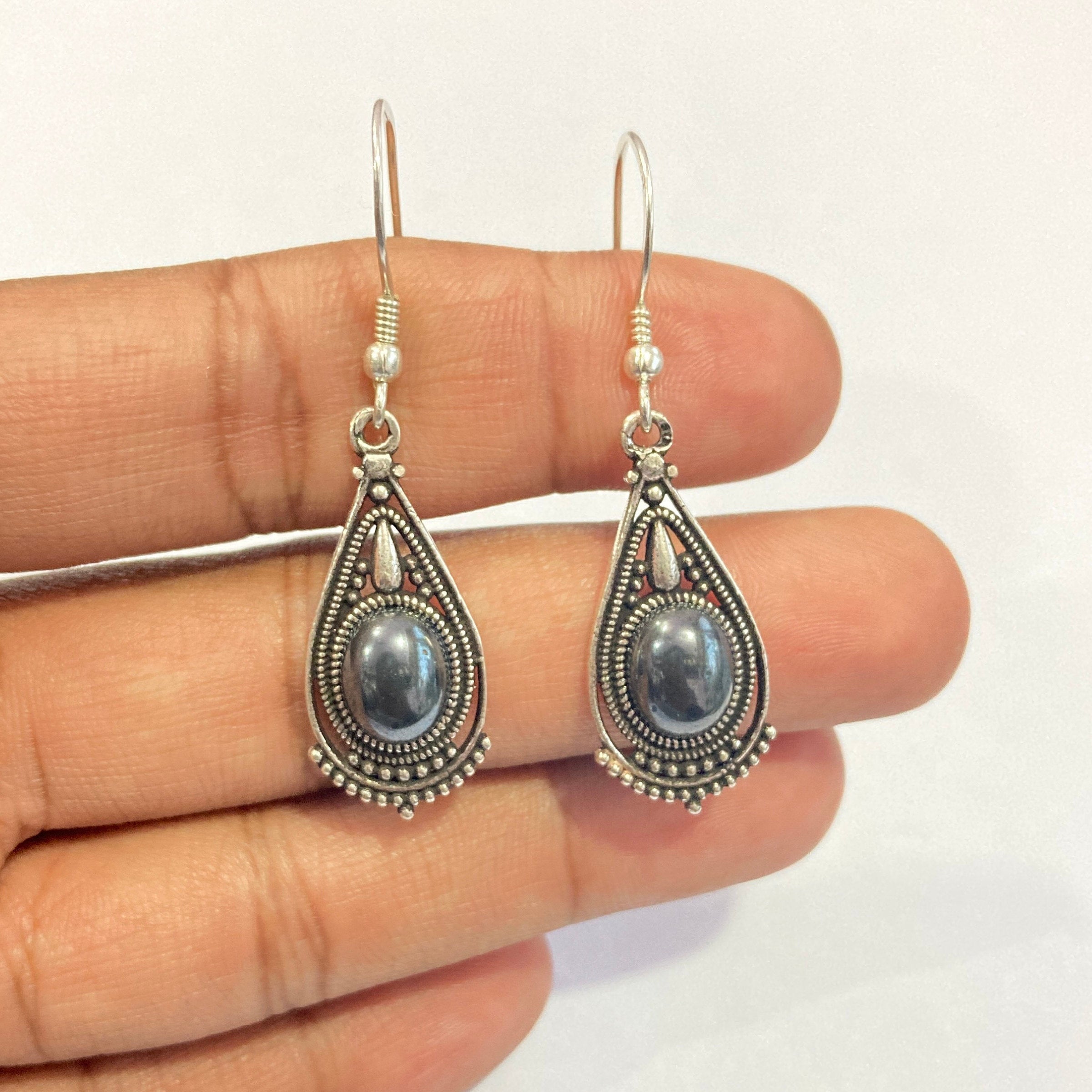 Gunmetal Earrings Natural Gunmetal Semi Precious Stone Earring,925 Sterling Silver Earring, Oval Stone With hoop Earring ,Bride Earring
