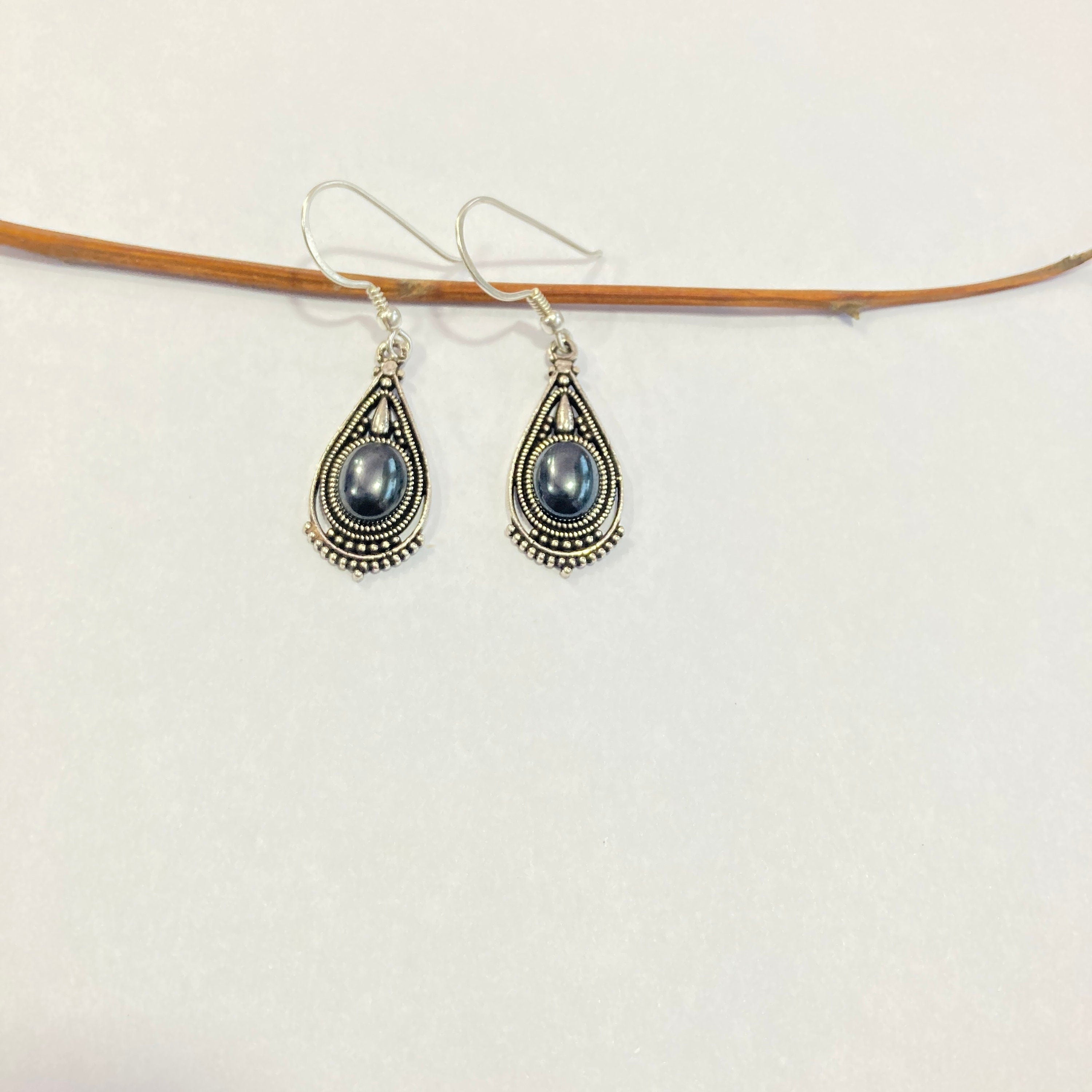 Gunmetal Earrings Natural Gunmetal Semi Precious Stone Earring,925 Sterling Silver Earring, Oval Stone With hoop Earring ,Bride Earring