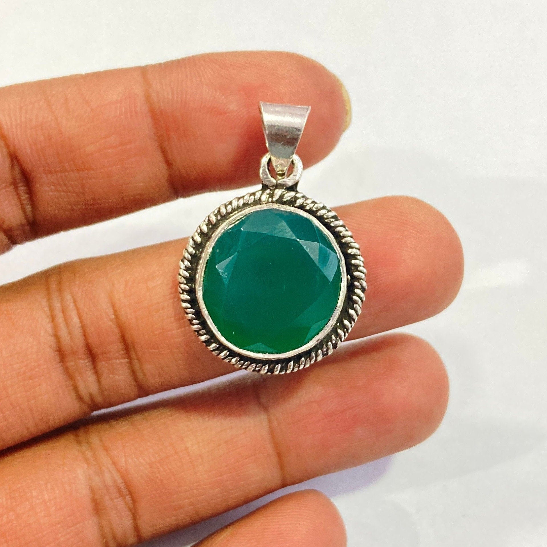 Natural Faceted Green Onyx Silver Pendant - 925 Sterling Silver Pendant -Designer Smooth Gemstone Pendant -Handcrafted Jewelry- Gift For Her
