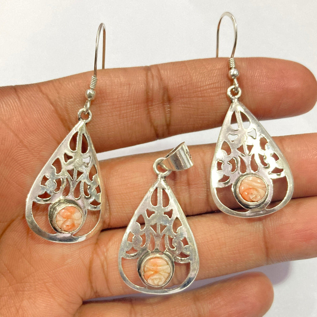 Natural Taiwan Coral 925 Sterling Silver Pendant With Earrings-Designer Smooth Gemstone Pendant -Handcrafted Jewelry- Gift For Her