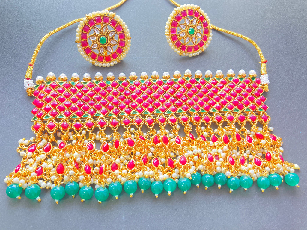 High Quality Traditional Indian Bollywood Style Polki Kundan Choker Necklace Set With Drop Work