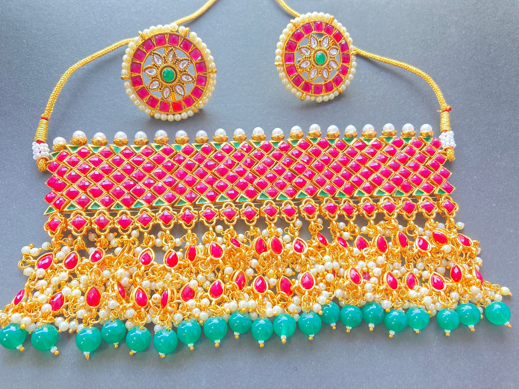 High Quality Traditional Indian Bollywood Style Polki Kundan Choker Necklace Set With Drop Work