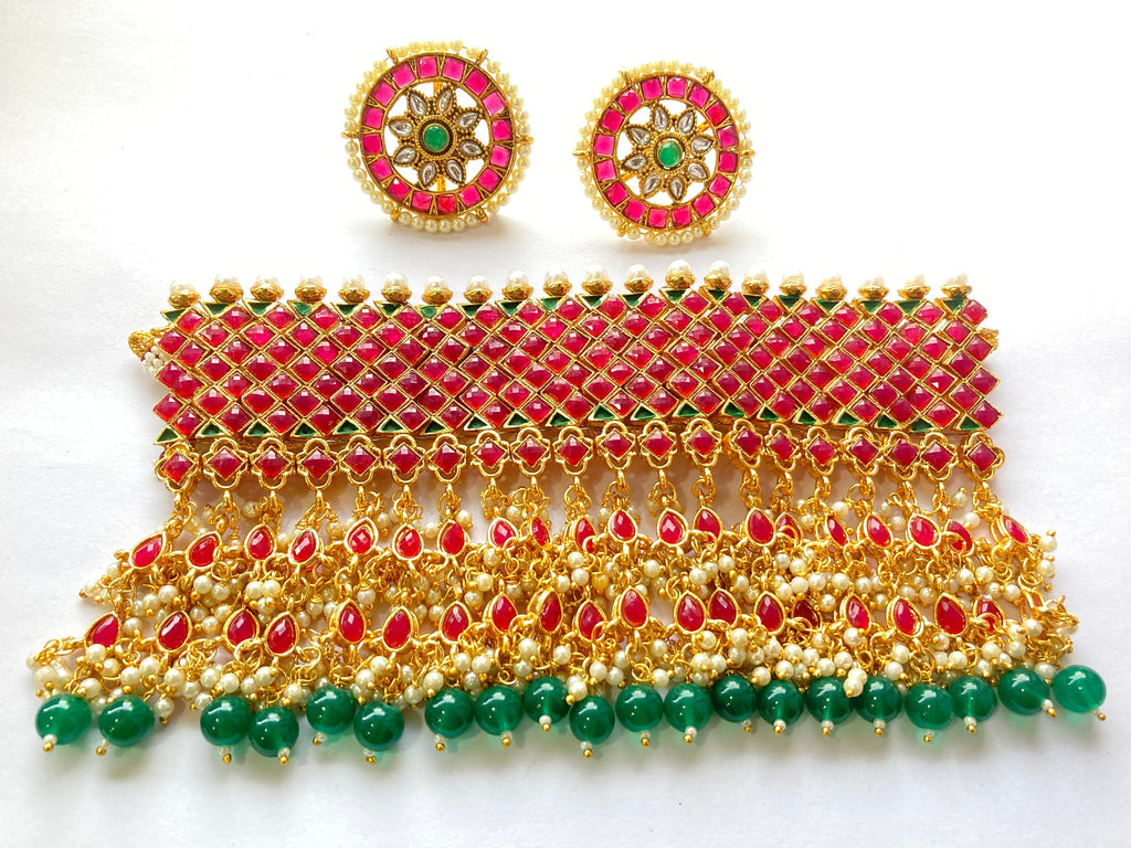 High Quality Traditional Indian Bollywood Style Polki Kundan Choker Necklace Set With Drop Work