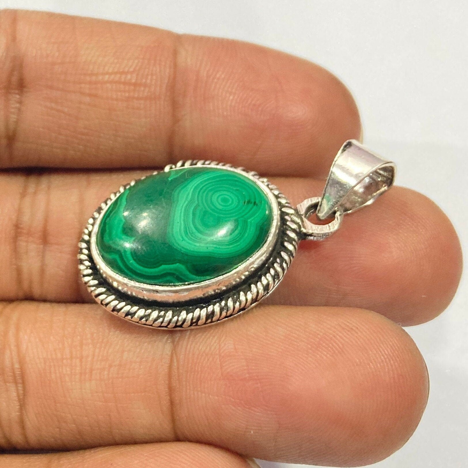 Natural Malachite Silver Pendant - 925 Sterling Silver Pendant -Designer Smooth Gemstone Pendant -Handcrafted Jewelry- Gift For Her