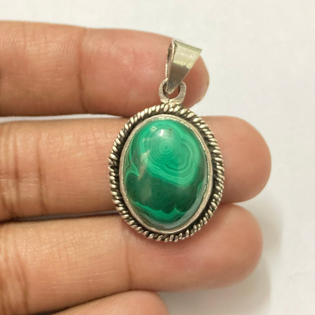 Natural Malachite Silver Pendant - 925 Sterling Silver Pendant -Designer Smooth Gemstone Pendant -Handcrafted Jewelry- Gift For Her